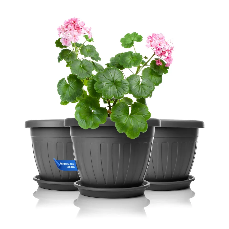 BigDean Garten Blumentopf mit Untersetzer 28cm anthrazit 3er Set