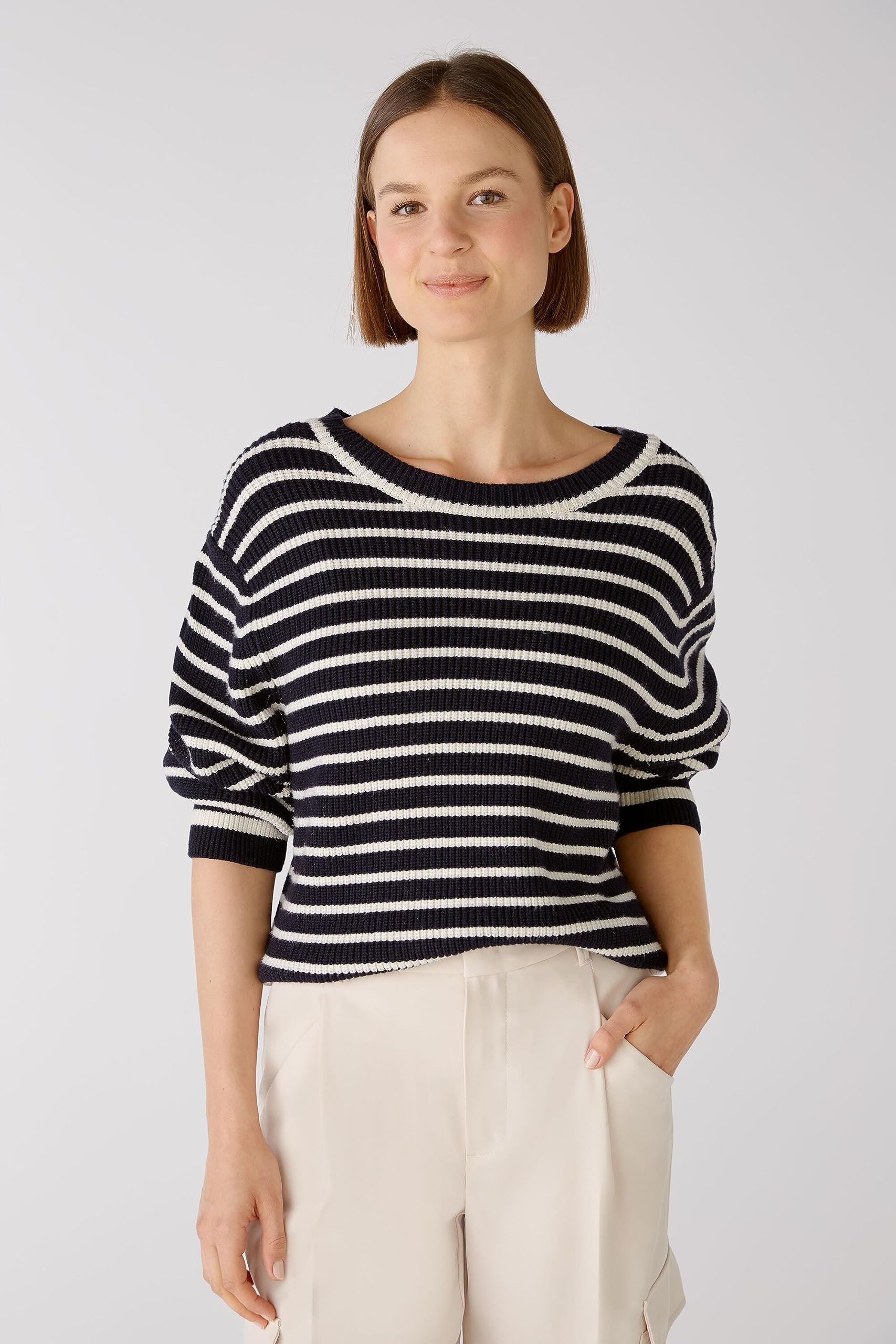 Oui Damen Pullover Boxy gestreift Viskosemischung Rundhals