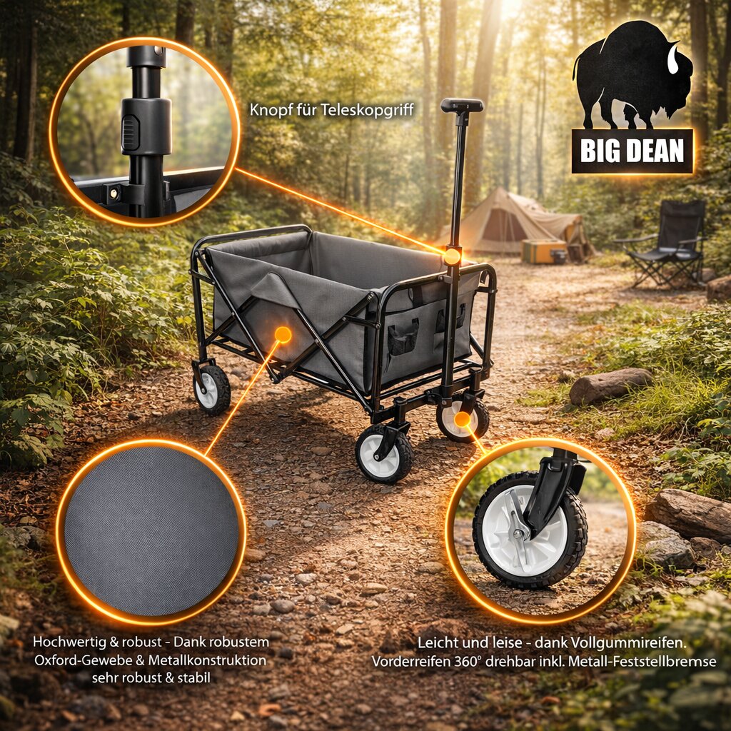 BigDean Garten Bollerwagen faltbar 80kg grau schwarz