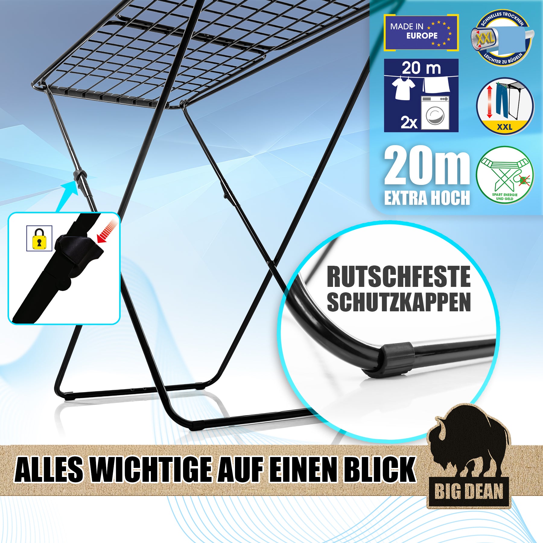 BigDean Wäscheständer XXL 20 m Schwarz 200 cm hoch