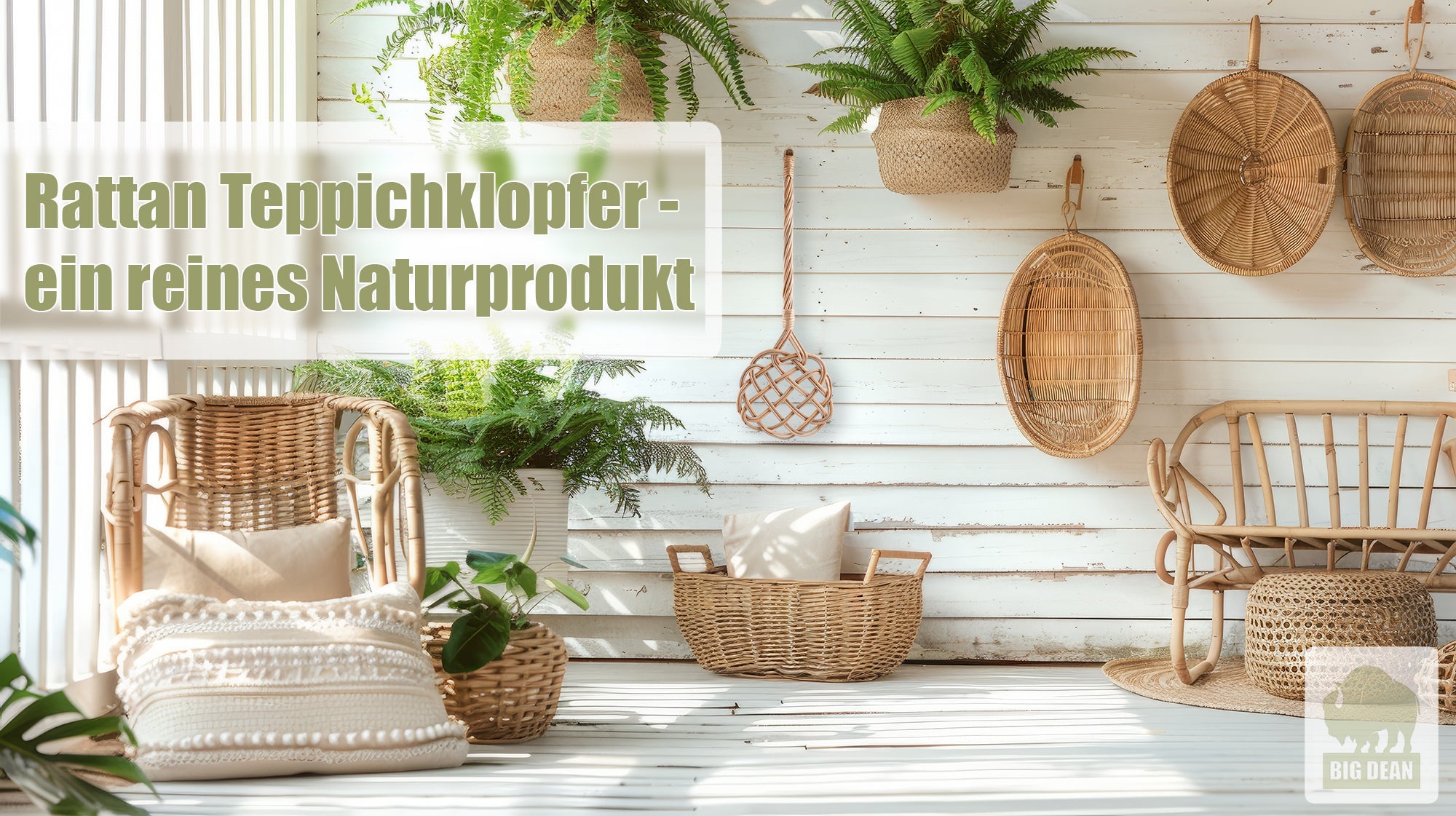 BigDean Teppichklopfer Rattan handgeflochten Natur
