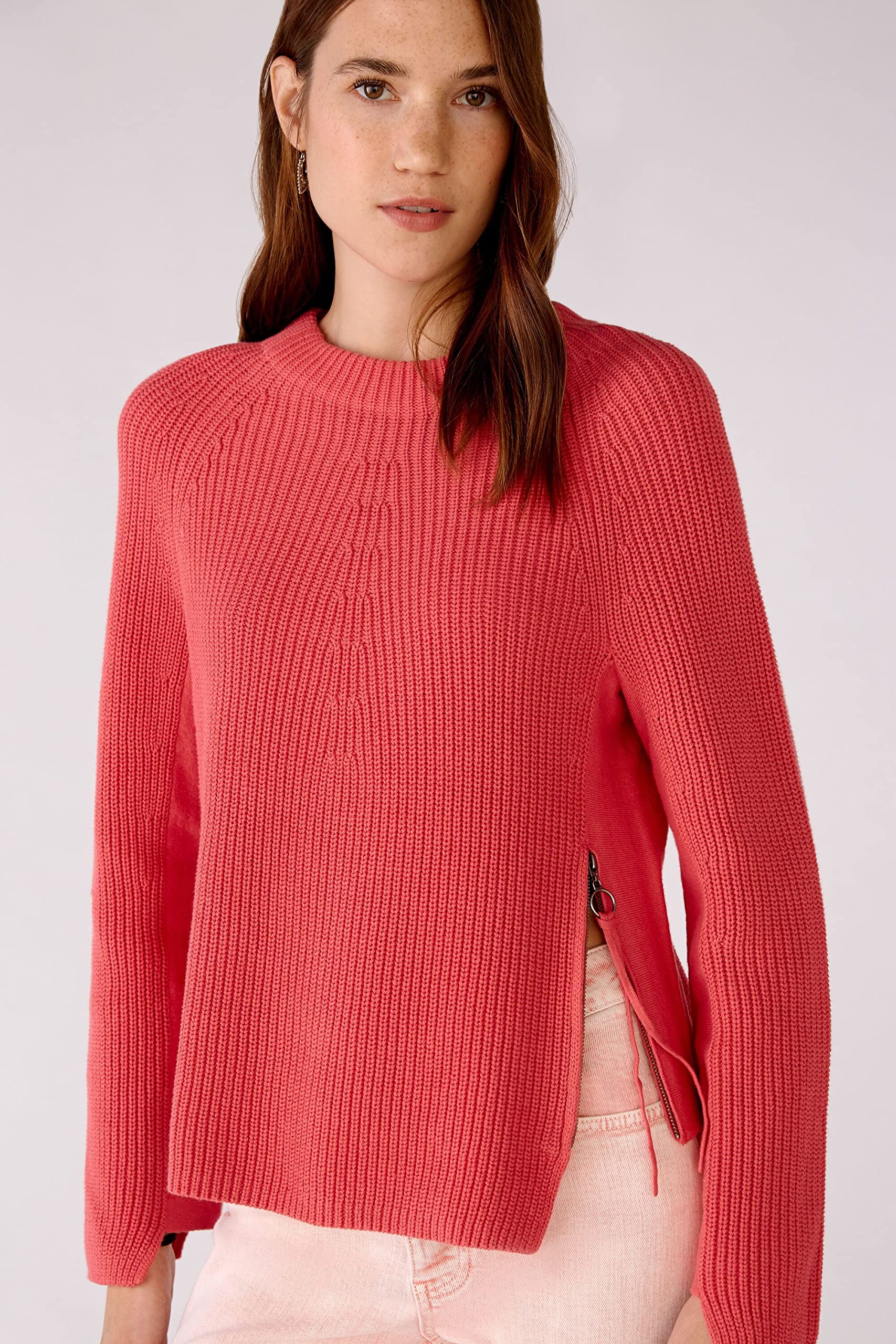 Oui Rubi Damen Pullover mit Reißverschluss Uni Baumwolle