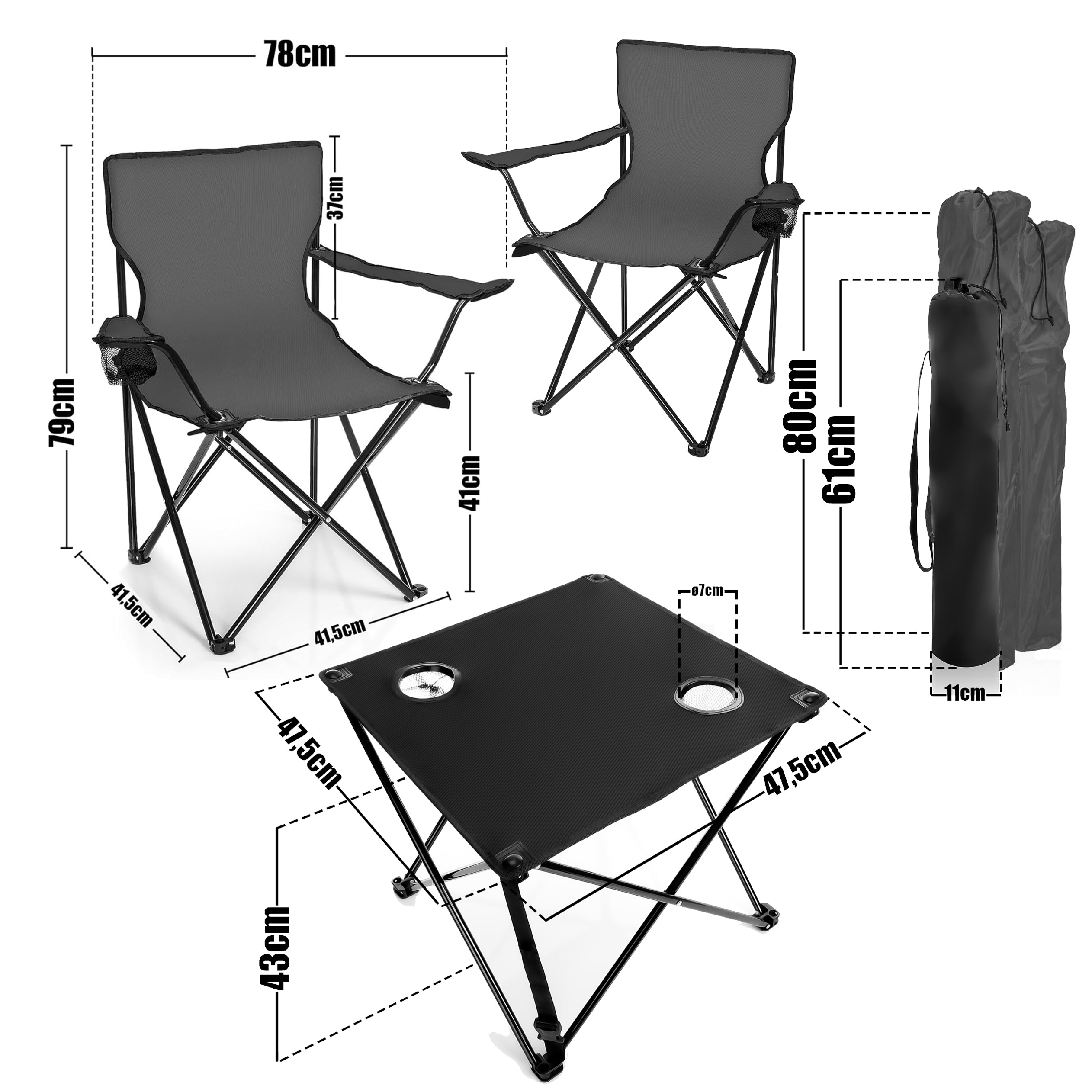 BigDean Campingtisch mit Stühlen Set dunkelgrau faltbar