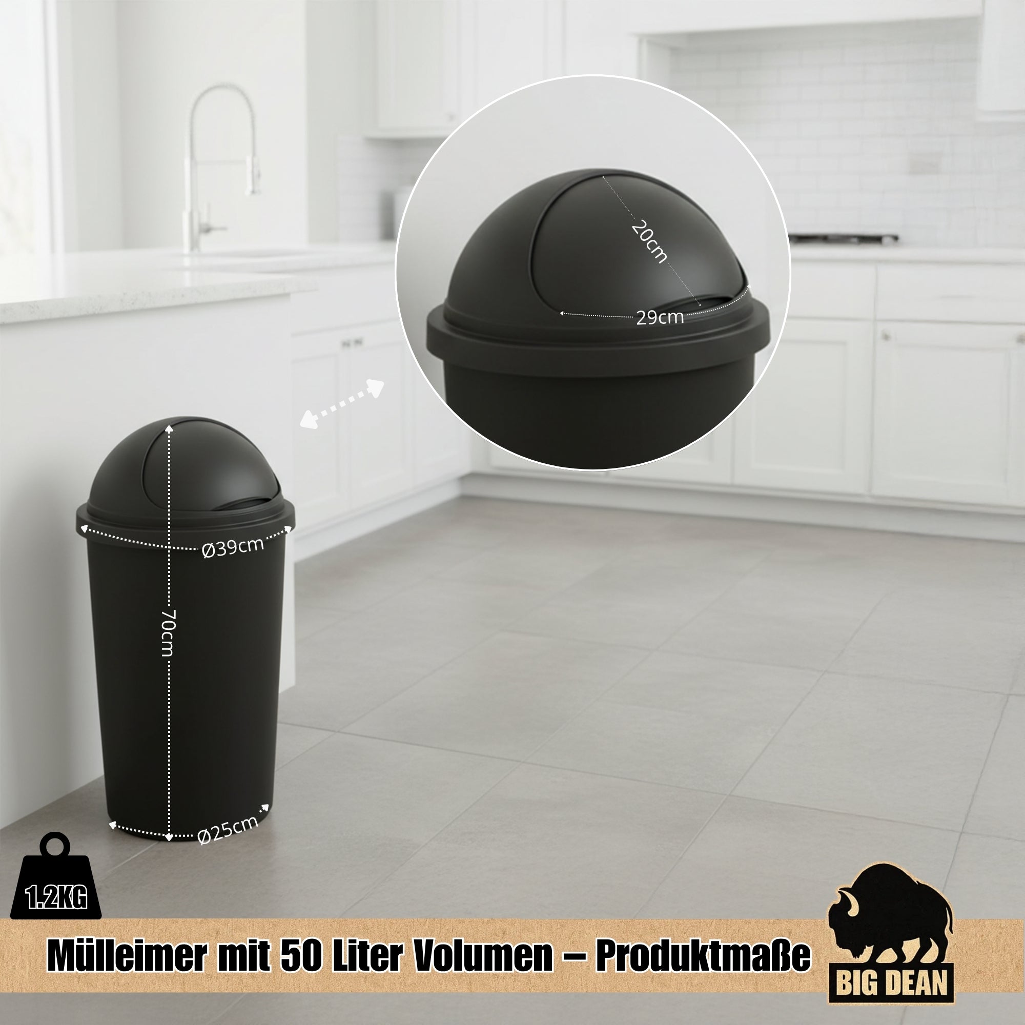BigDean Haushalt Mülleimer Kugelkopf Midnight 50 Liter