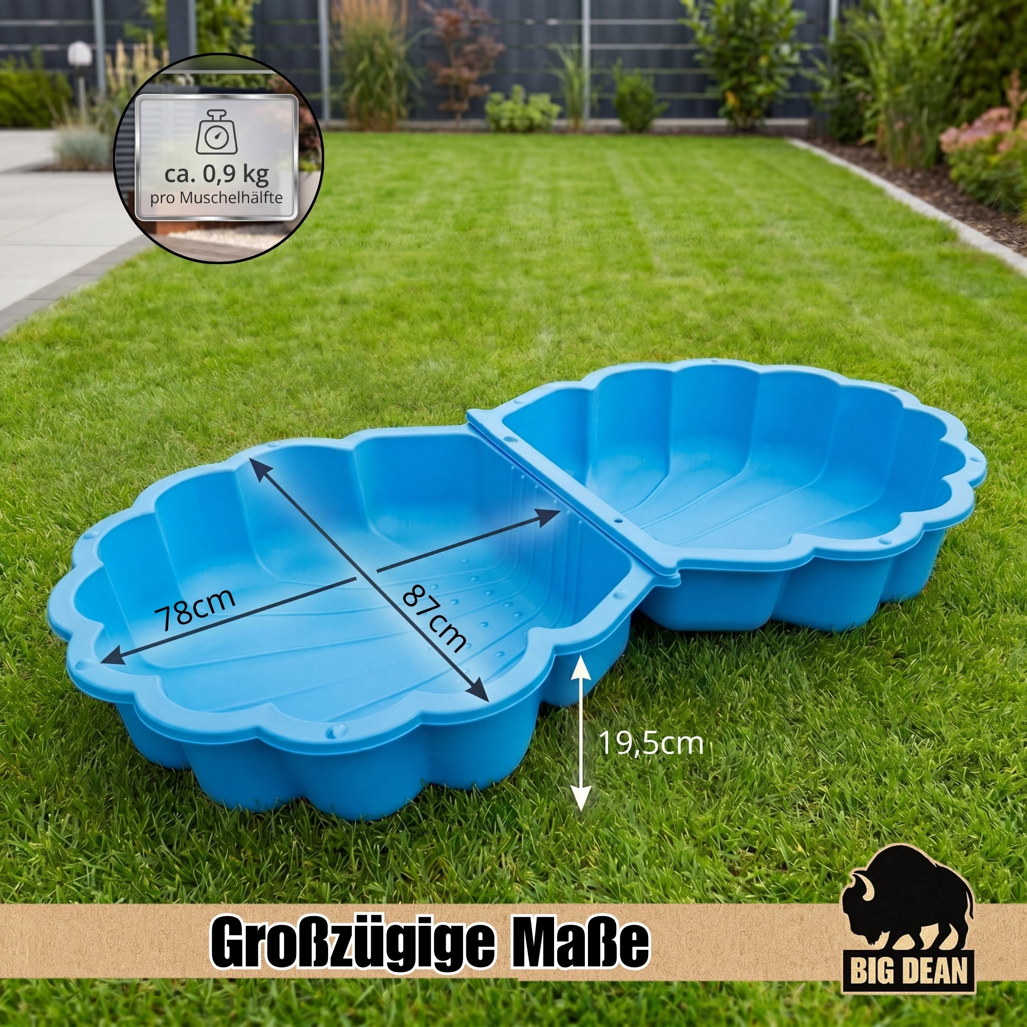 BigDean XXL Sandmuschel Sandkasten mit Deckel Blau
