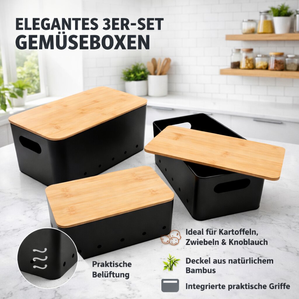 BigDean Kartoffelbox 3er Set Metall mit Bambusdeckel