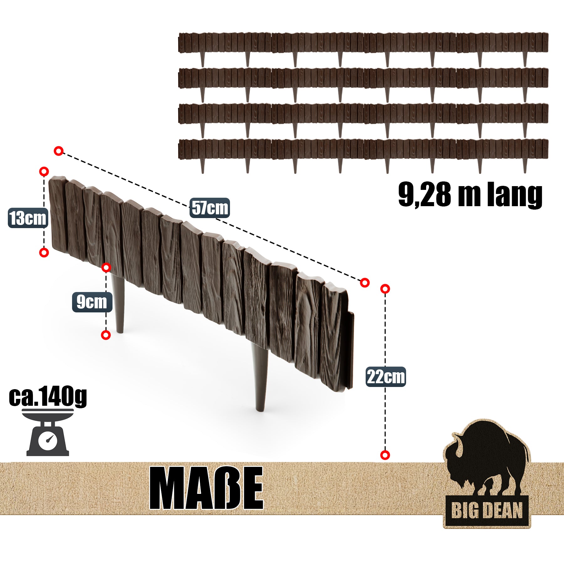 BigDean Garten Rasenkante Kunststoff 9,28m braun 13cm Holzoptik