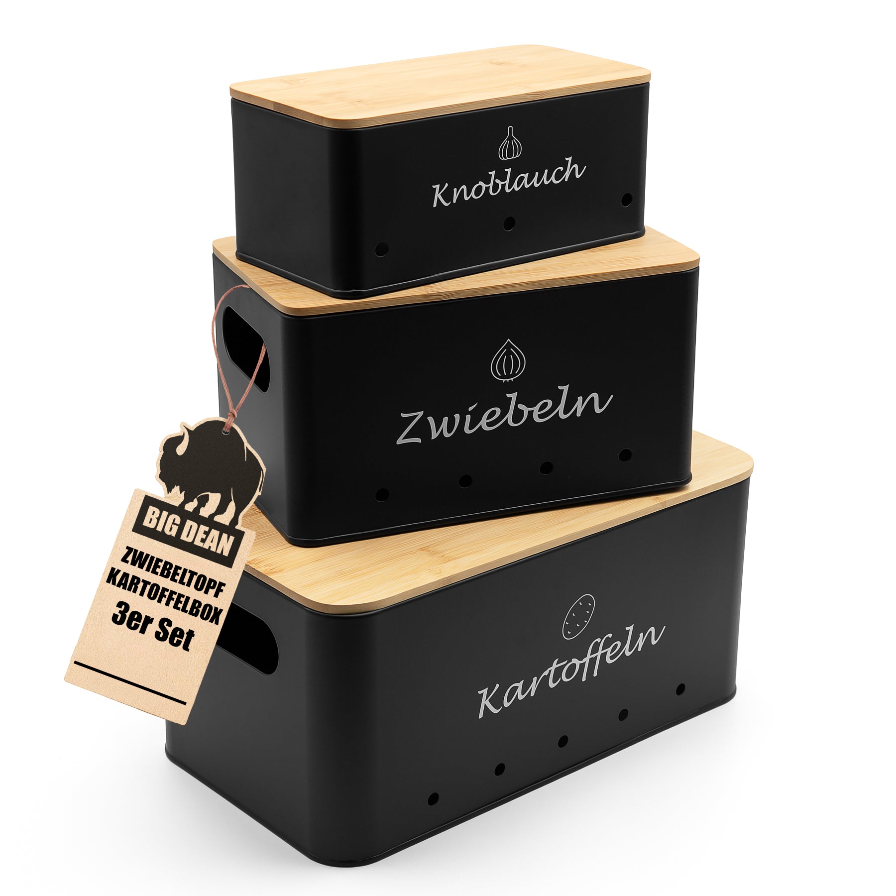 BigDean 3er Kartoffelbox Zwiebel Knoblauch Vorratsdosen Bambus