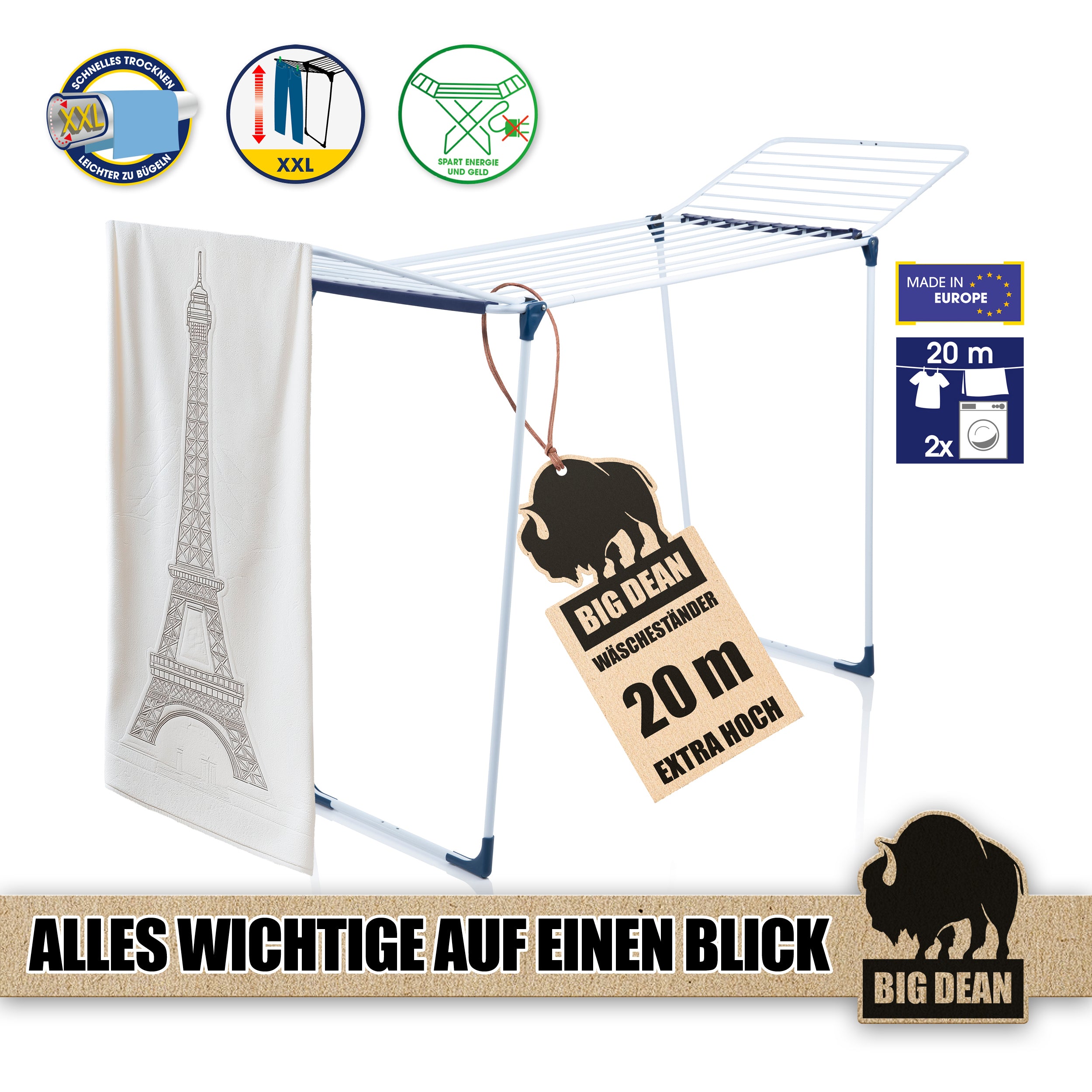 BigDean Wäscheständer 20m extra hoch dicke Leinen schwarz