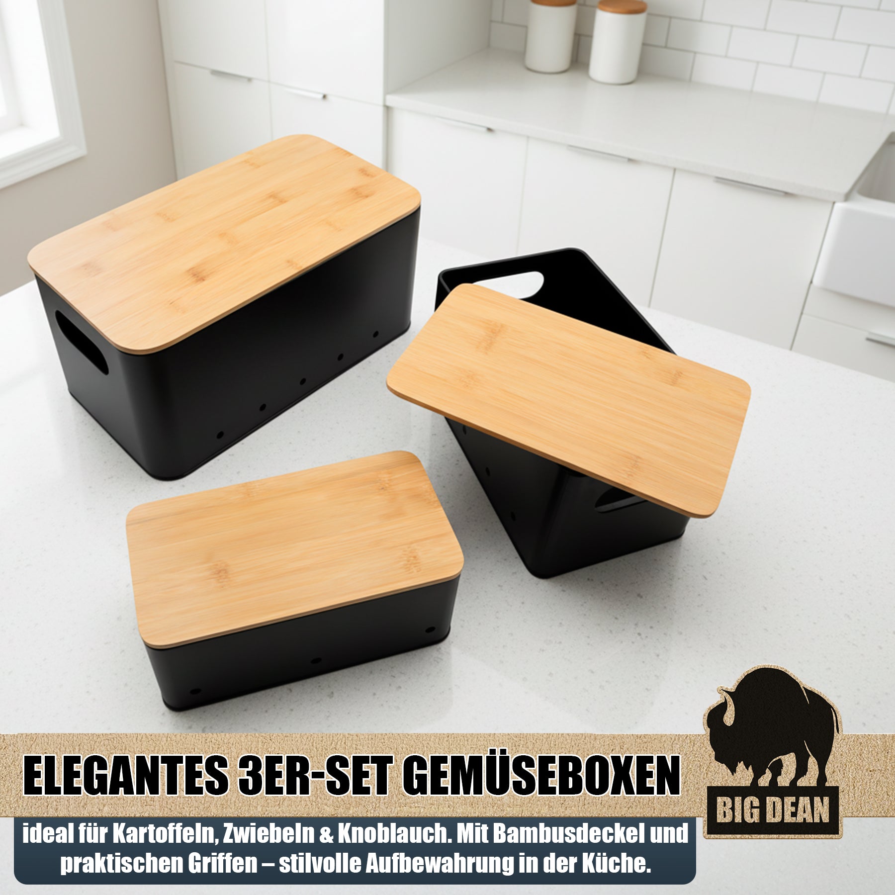 BigDean 3er Kartoffelbox Zwiebel Knoblauch Vorratsdosen Bambus