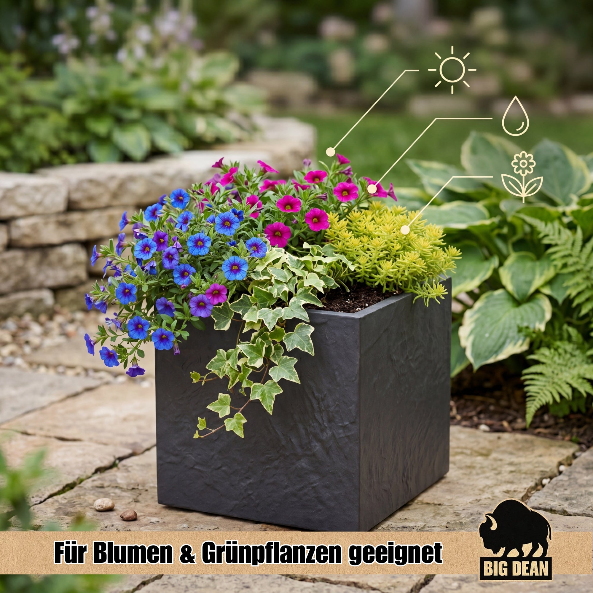 BigDean Blumenkübel Doppelwandig Steinoptik 40x40 Frostbeständig