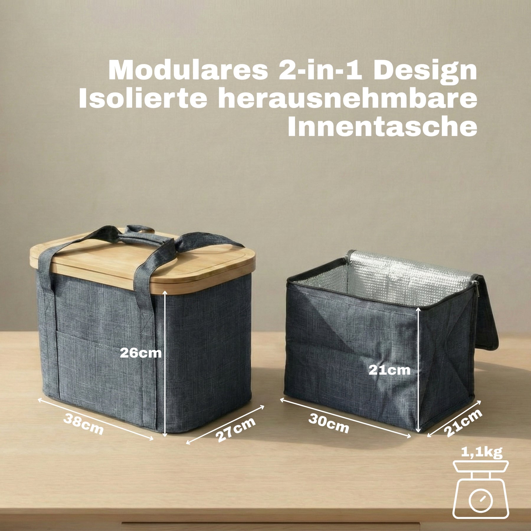 BigDean Picknicktasche 2-in-1 Kühltasche grau 24L mit Bambusdeckel