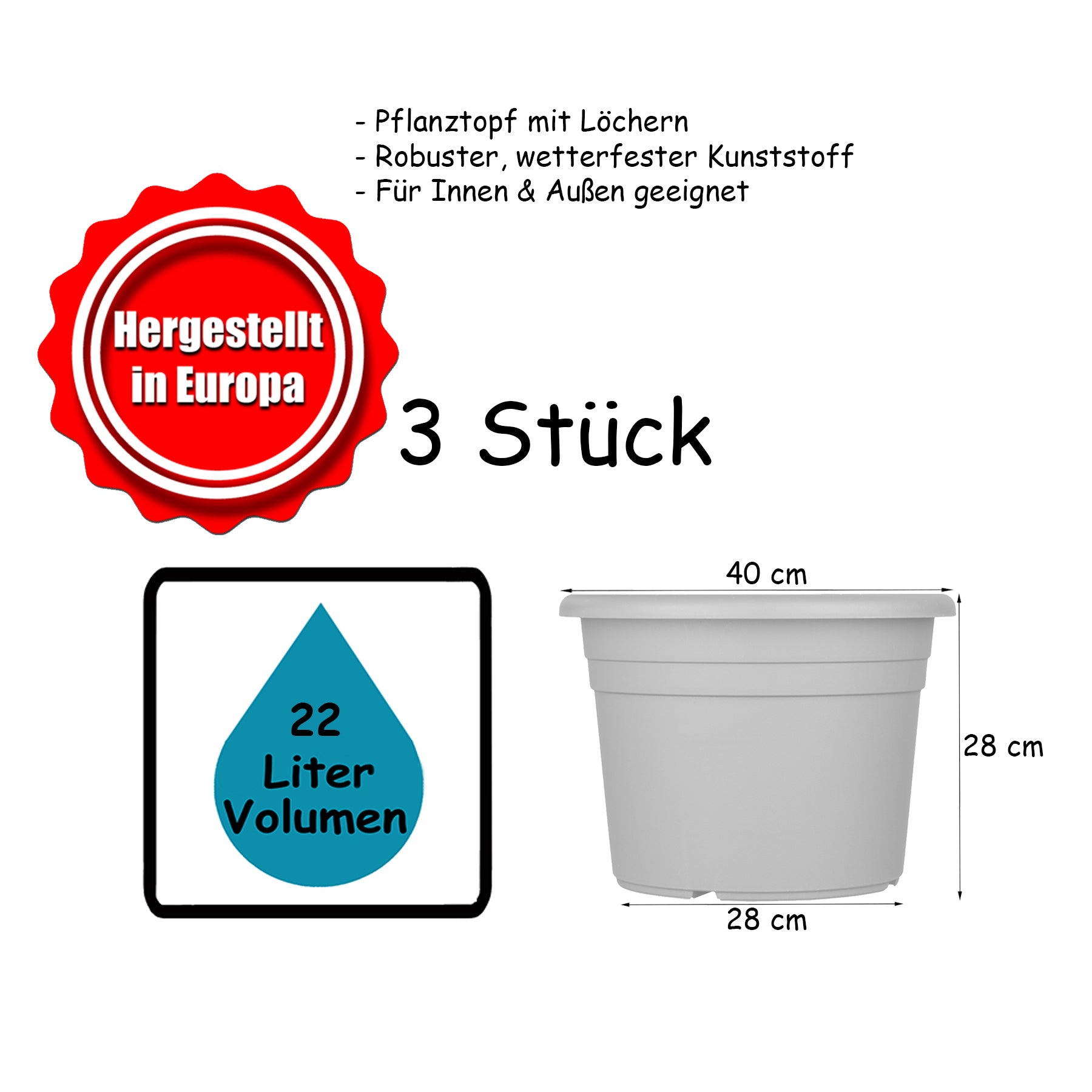 BigDean Blumentopf Ø 40 cm Anthrazit Pflanztopf 3er Set wetterfest