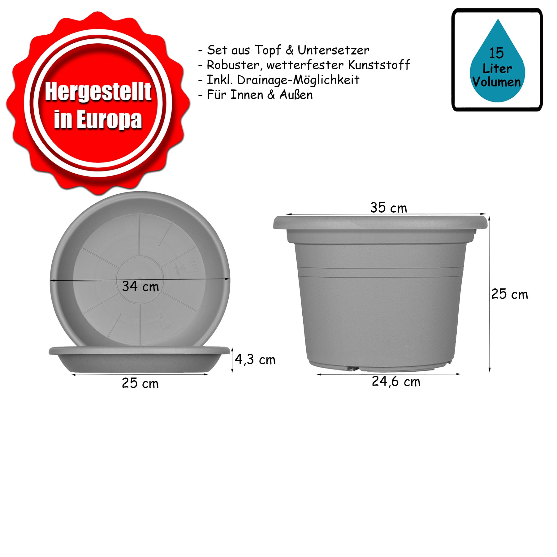 BigDean Blumentopf 3er-Set Ø35cm Terrakotta Untersetzer