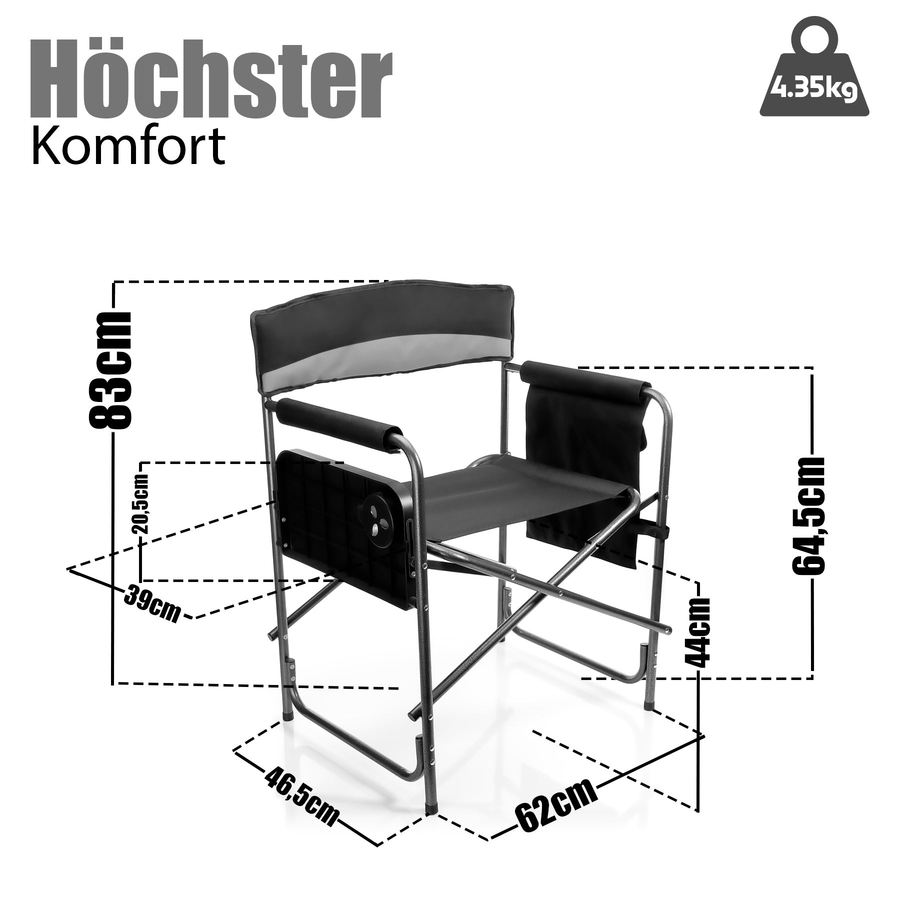 BigDean Campingstuhl 150kg mit Tisch Getränkehalter Grau