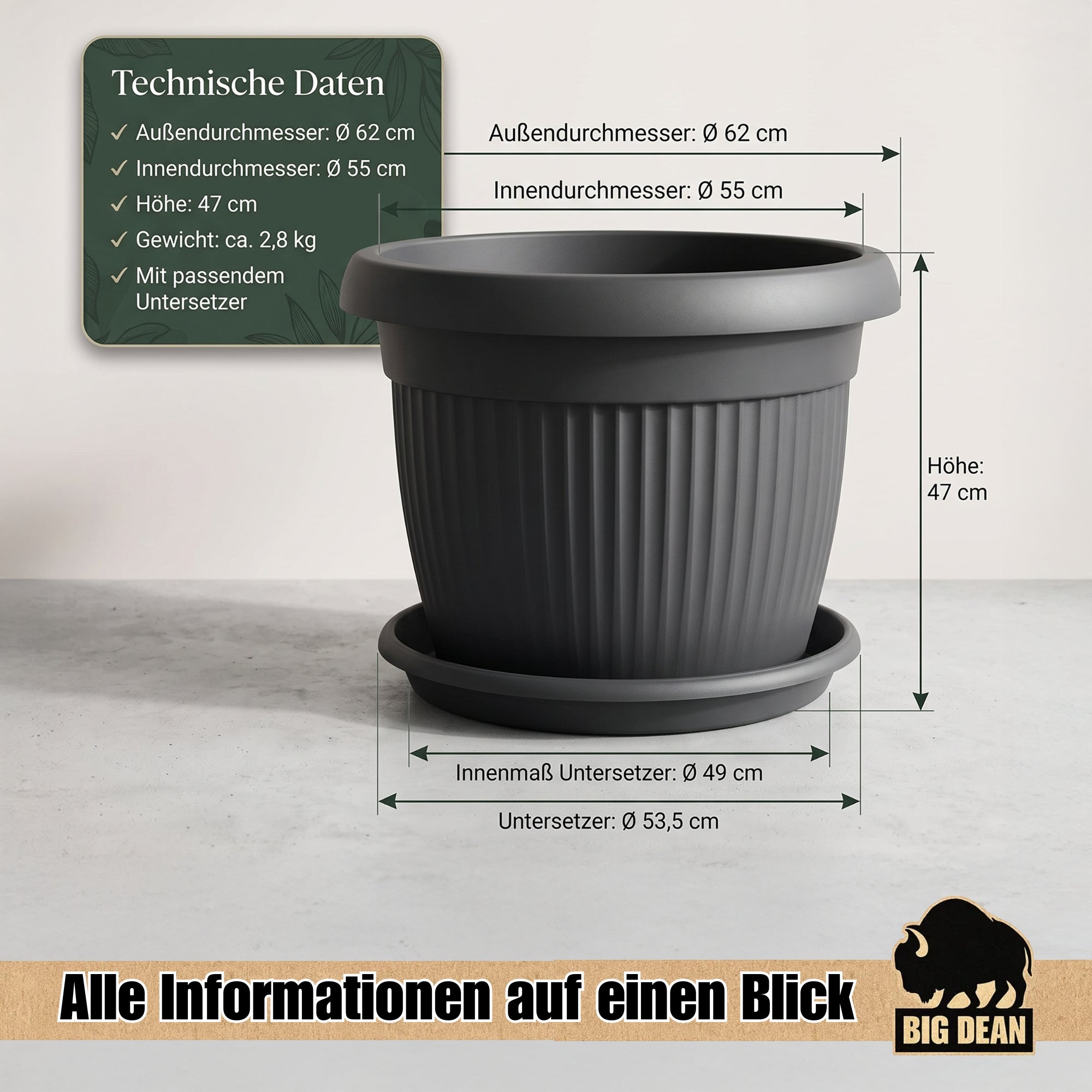 BigDean Blumentopf 62cm Anthrazit mit Untersetzer Pflanzkübel