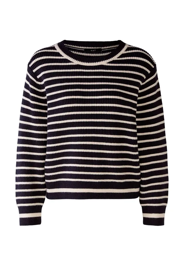 Oui Damen Pullover Boxy gestreift Viskosemischung Rundhals