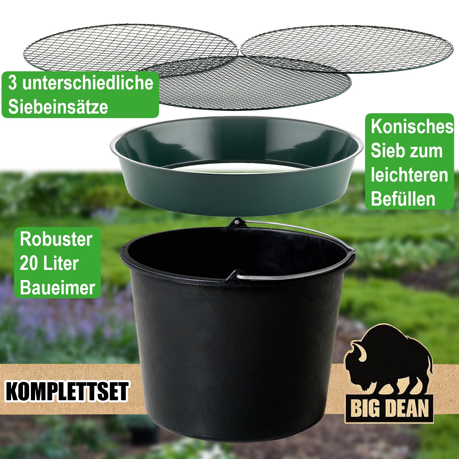BigDean Gartensieb Metall Ø37cm Erdsieb 3 Einsätze grün