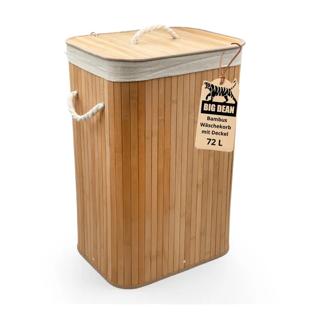 BigDean Wäschekorb Bambus 72L mit Deckel Wäschesack