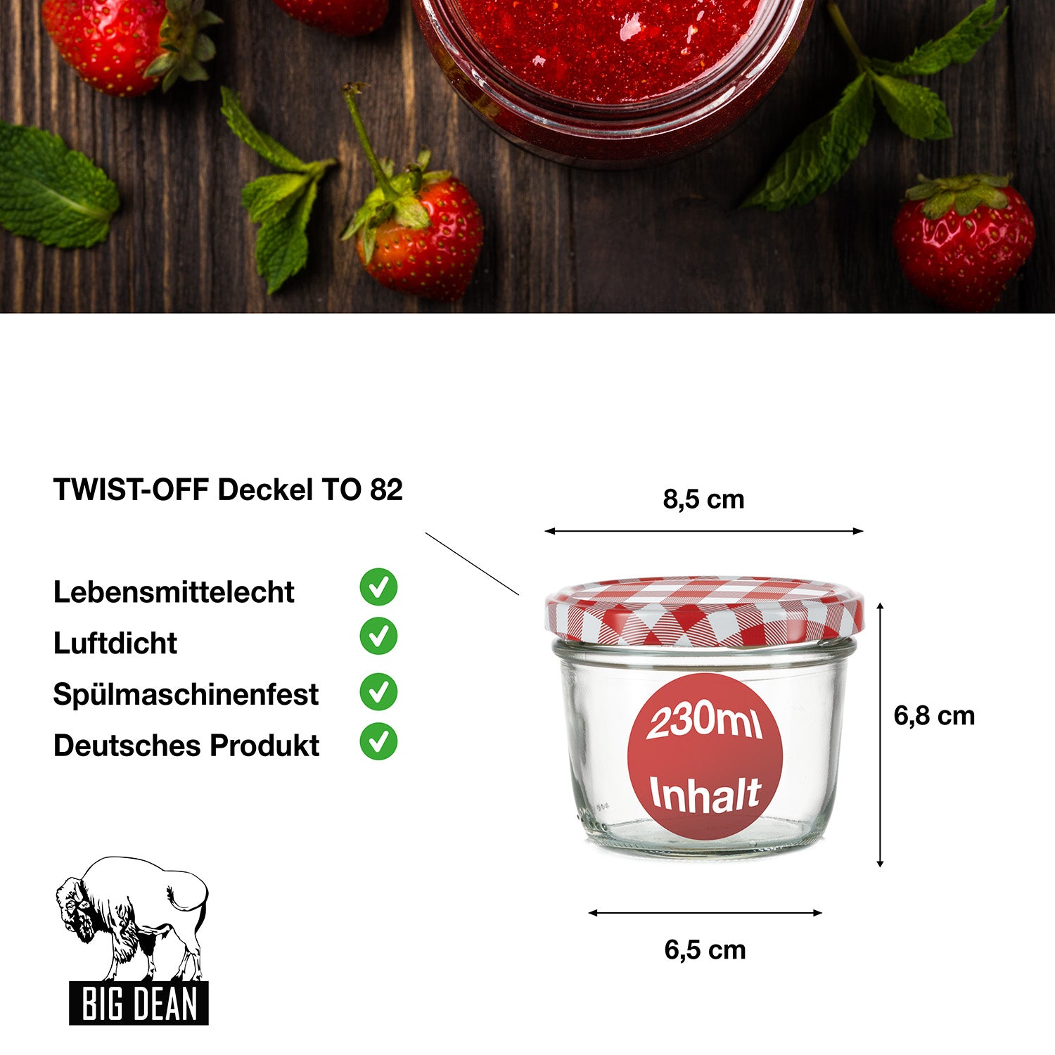 BigDean Marmeladengläser 230ml rot kariert 60er TO82 Glas