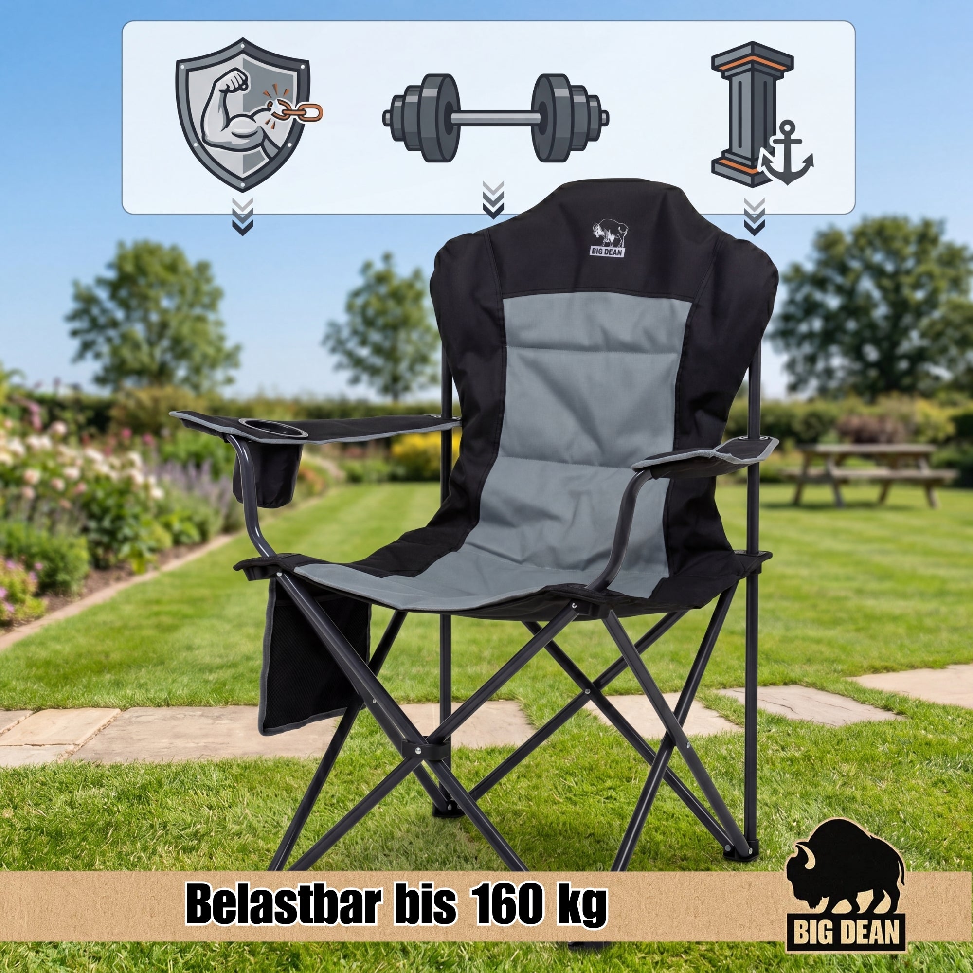 BigDean Campingstuhl Faltbar Hochlehner 160kg 2 Stück Set