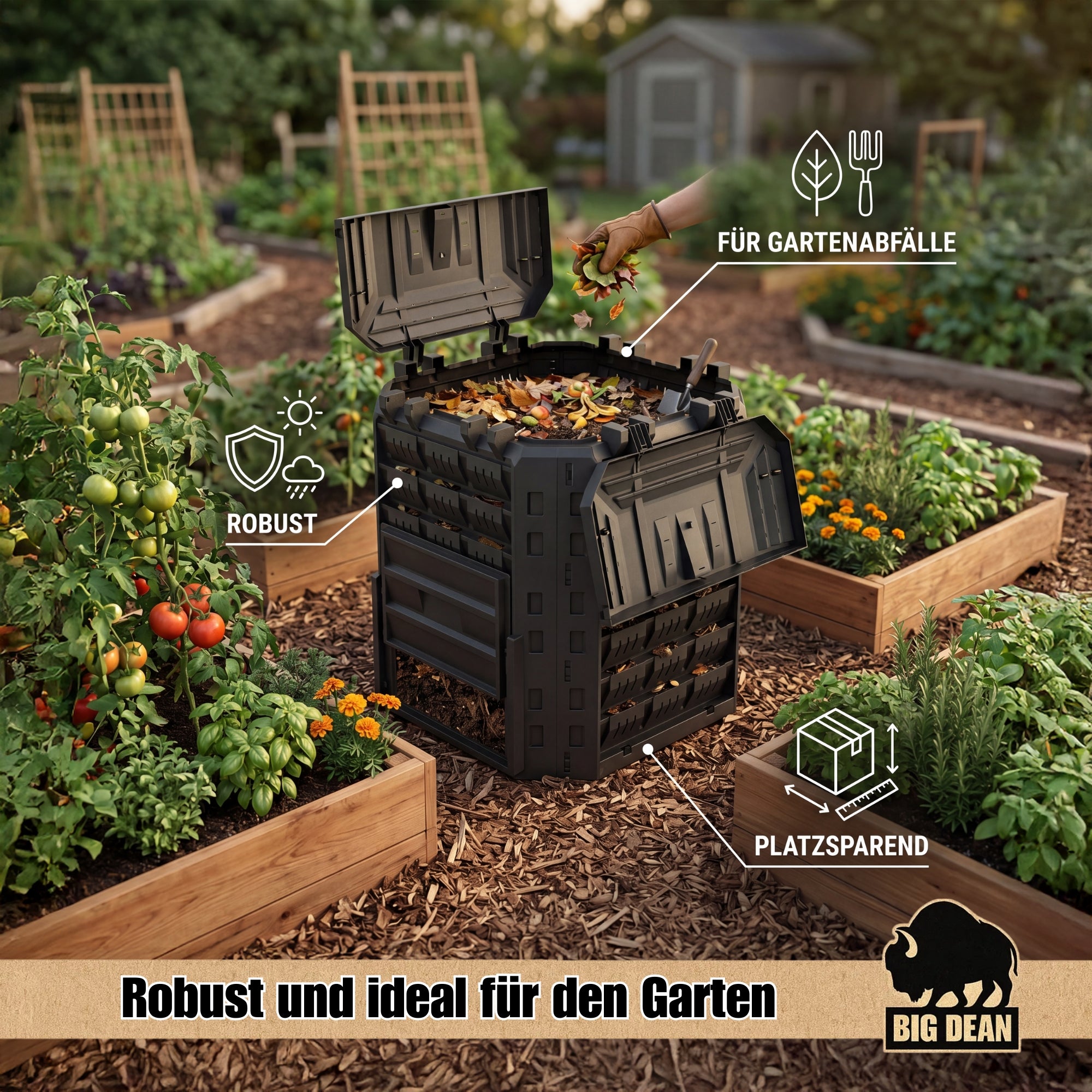 BigDean Komposter 310 Liter Garten mit Deckel Schwarz