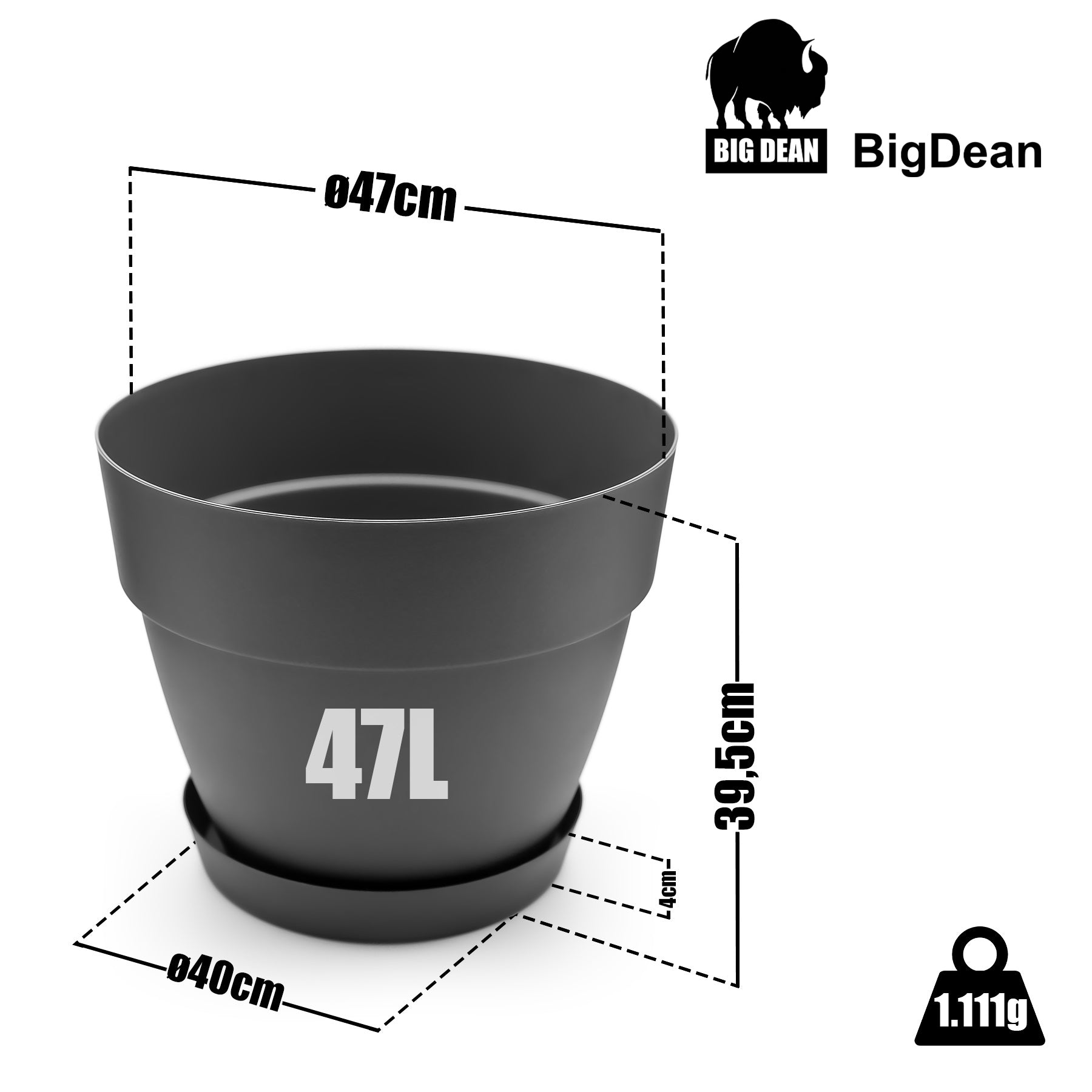 BigDean Blumentopf ø47cm Anthrazit 3 Stück mit Untersetzer