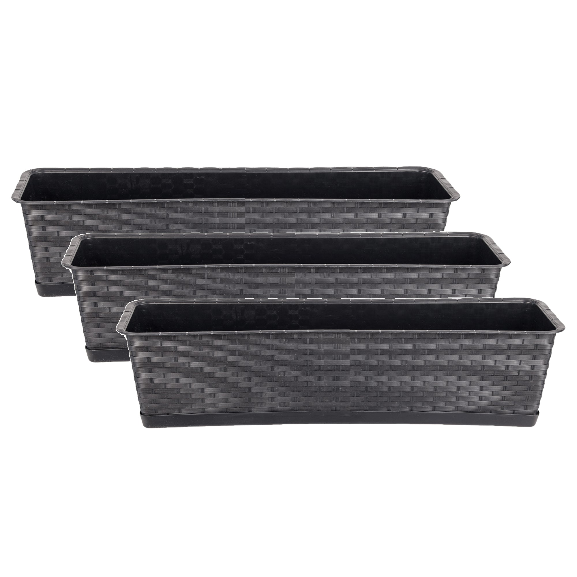 BigDean Garten 3er Blumenkasten 70 cm Rattan Anthrazit Untersetzer