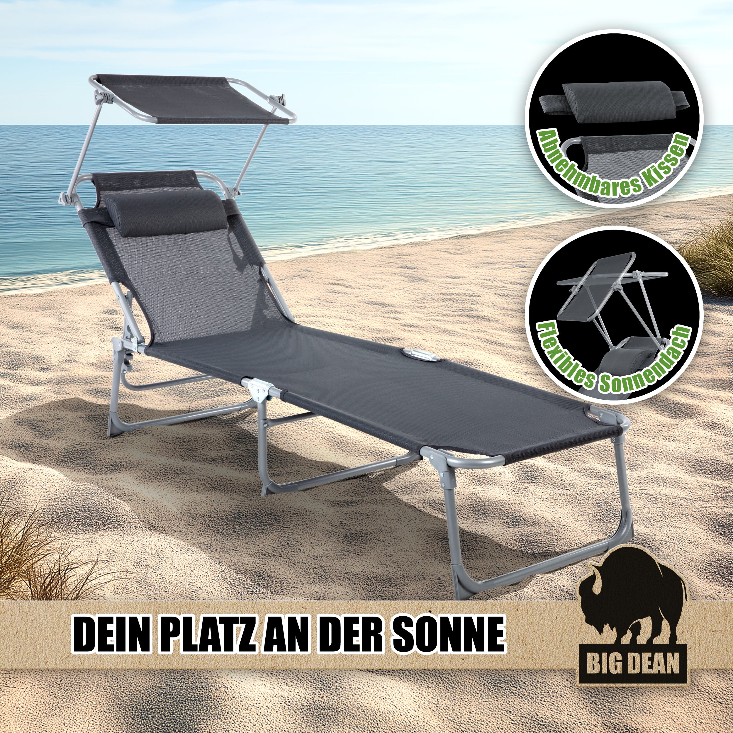 BigDean Garten Sonnenliege klappbar Dach Kissen dunkelgrau 150 kg