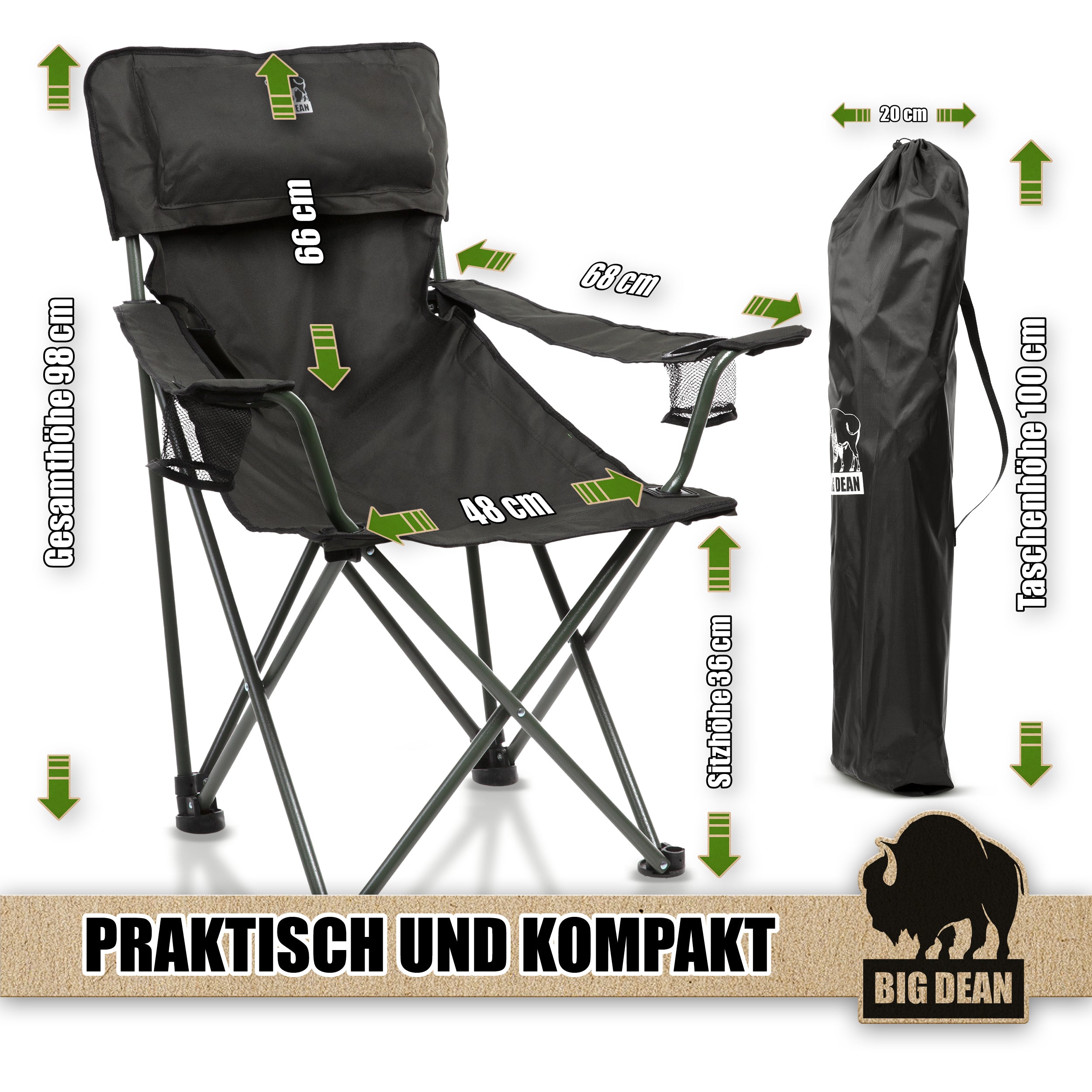 BigDean Luxus Campingstuhl faltbar XL 150kg belastbar