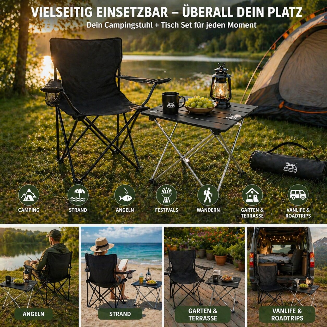 BigDean Campingstuhl mit Tisch Set klappbar schwarz