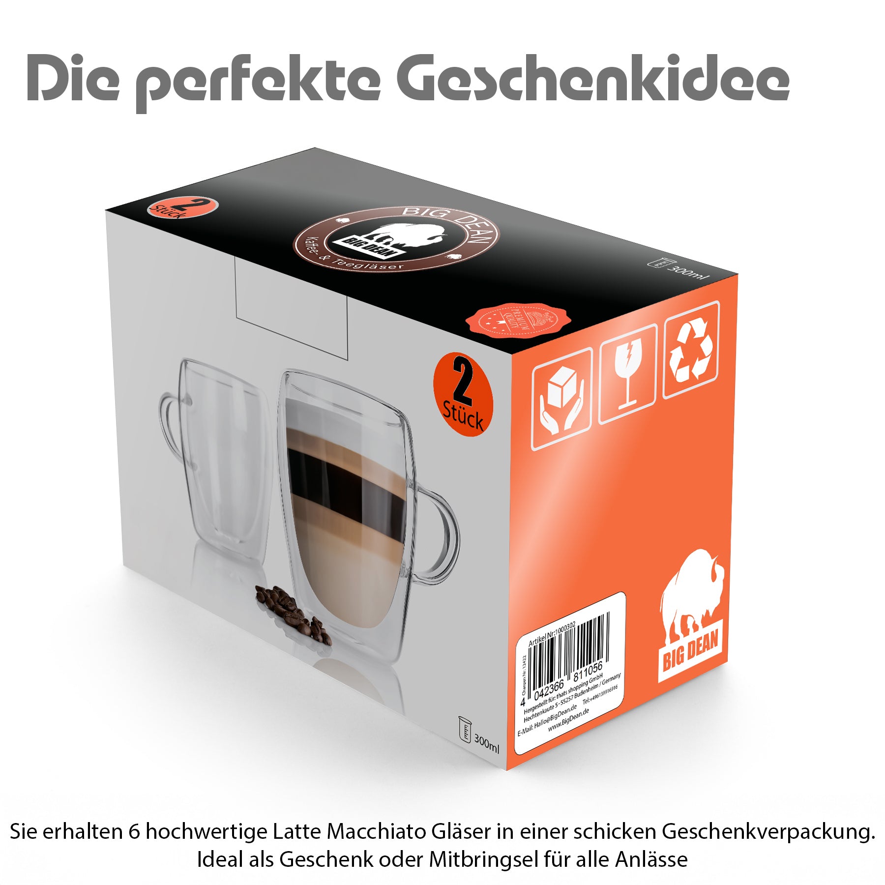 BigDean Latte Macchiato Gläser Henkel 300ml 6 Stück