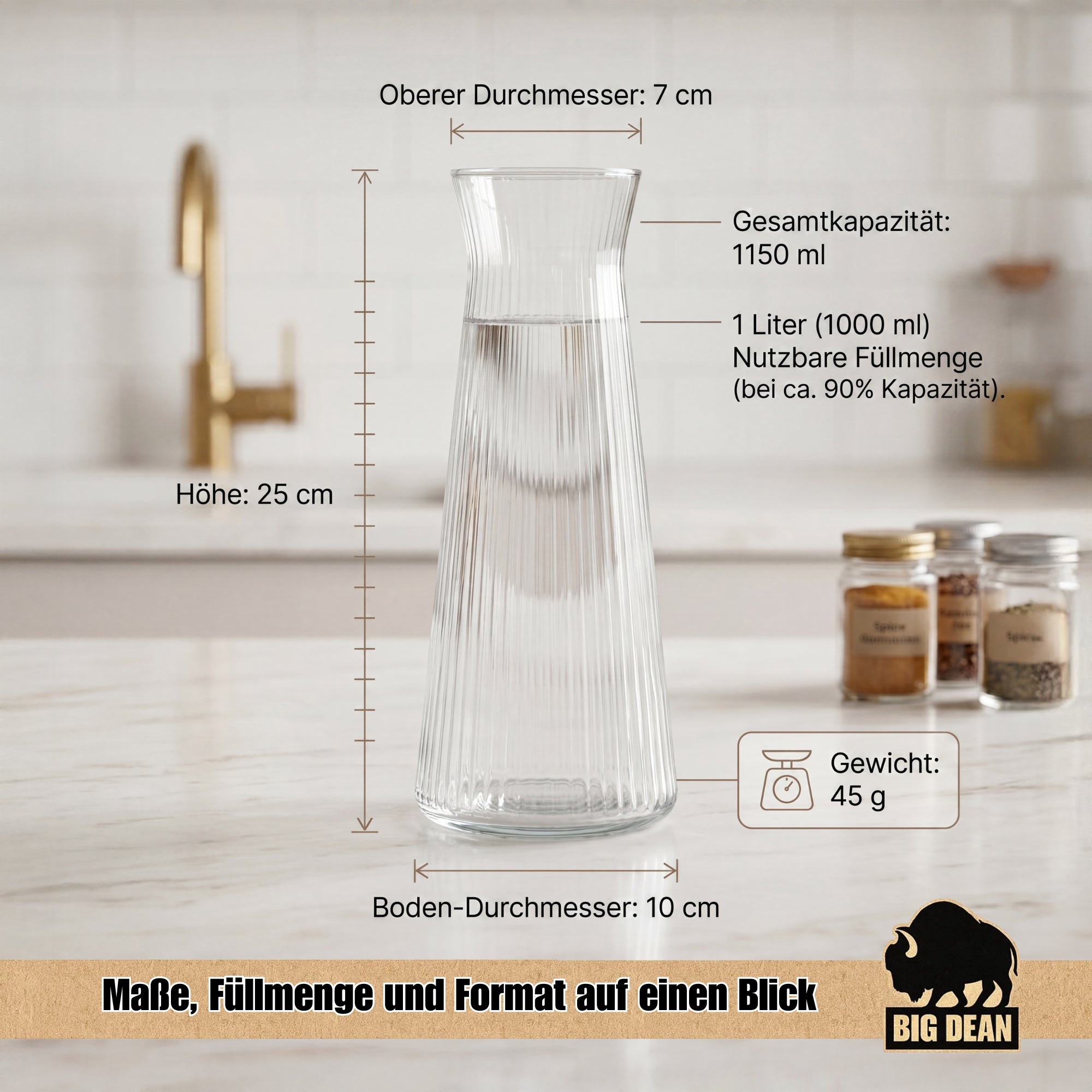 BigDean Küche Wasserkaraffe Glas 1L geriffelt 2er Set