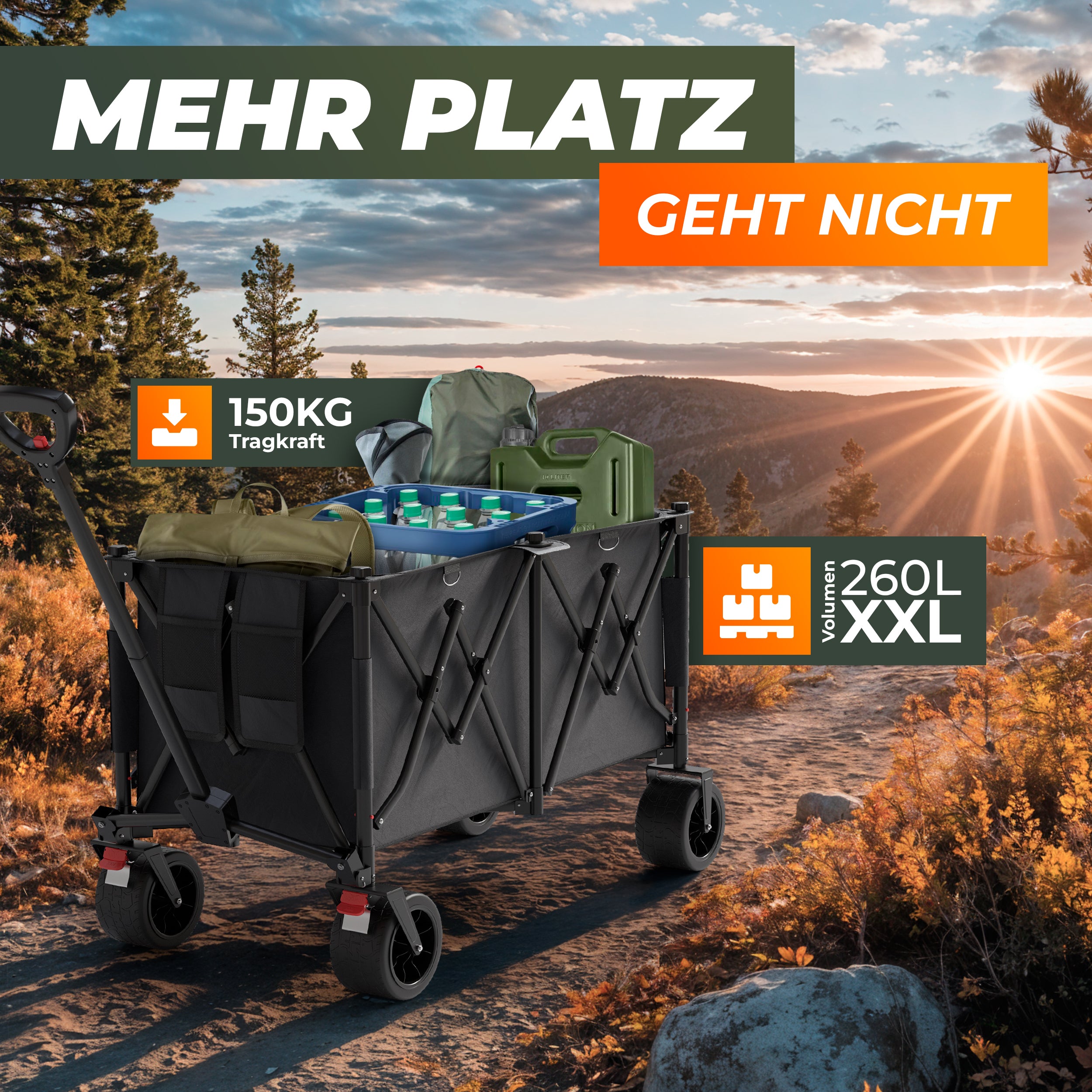 BigDean Garten Bollerwagen Faltbar XXL 260L 150kg Oliv?