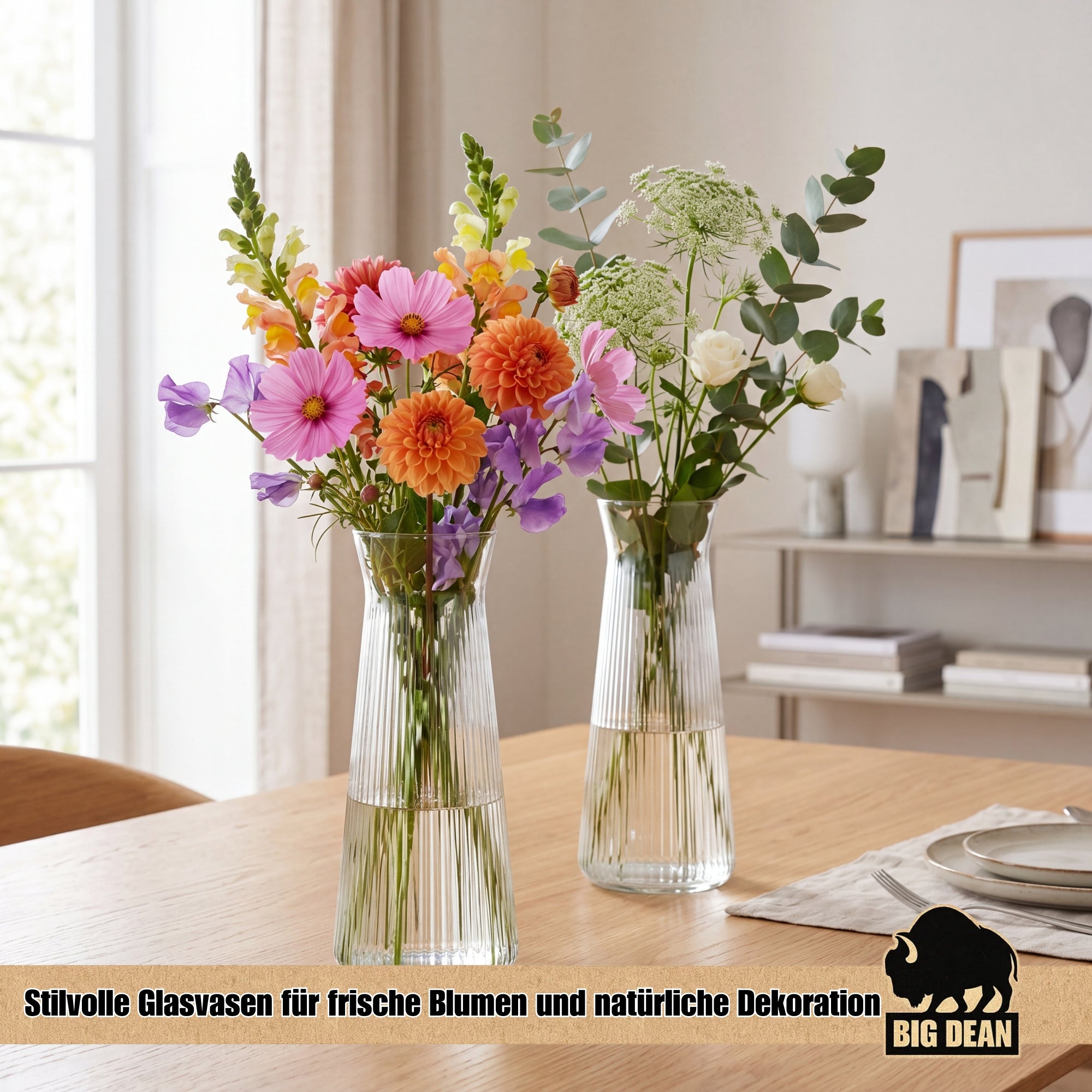 BigDean Haushalt Blumenvasen Glas Riffeldesign 25 cm 2er Set klar