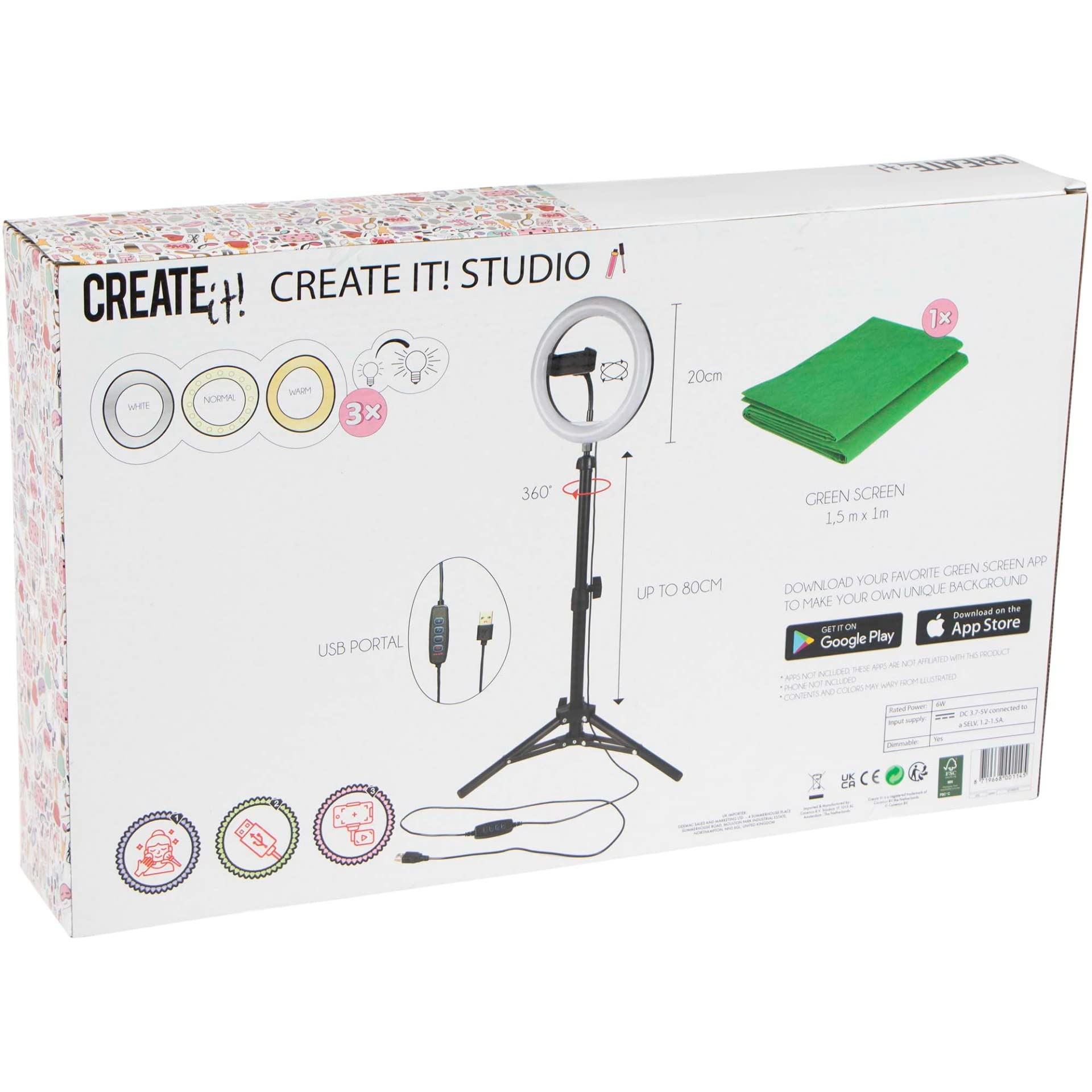 Create It Studio Set LED Ringlicht 20cm Stativ Greenscreen