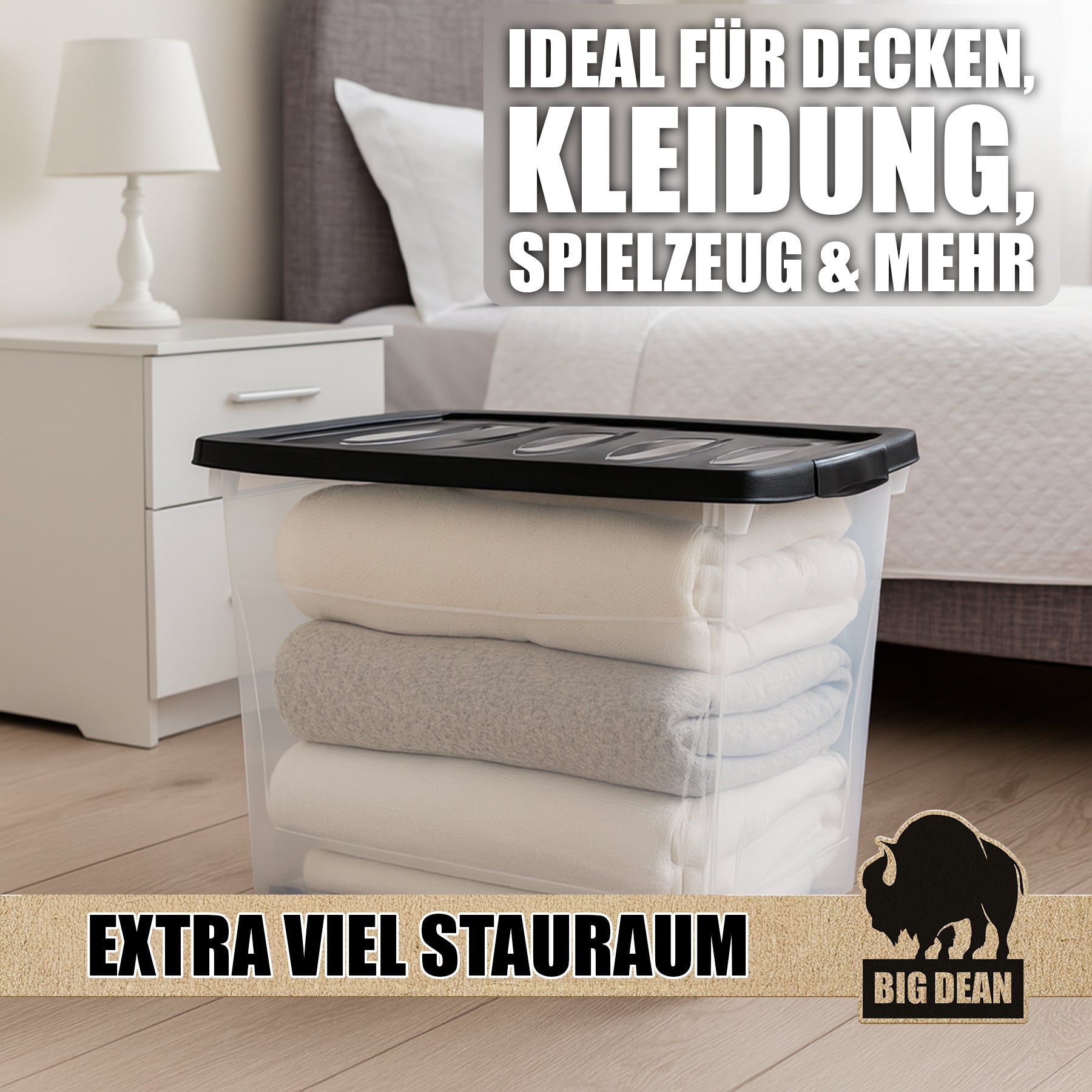 BigDean 3x Aufbewahrungsbox 80 L mit Deckel Rollen Transparent