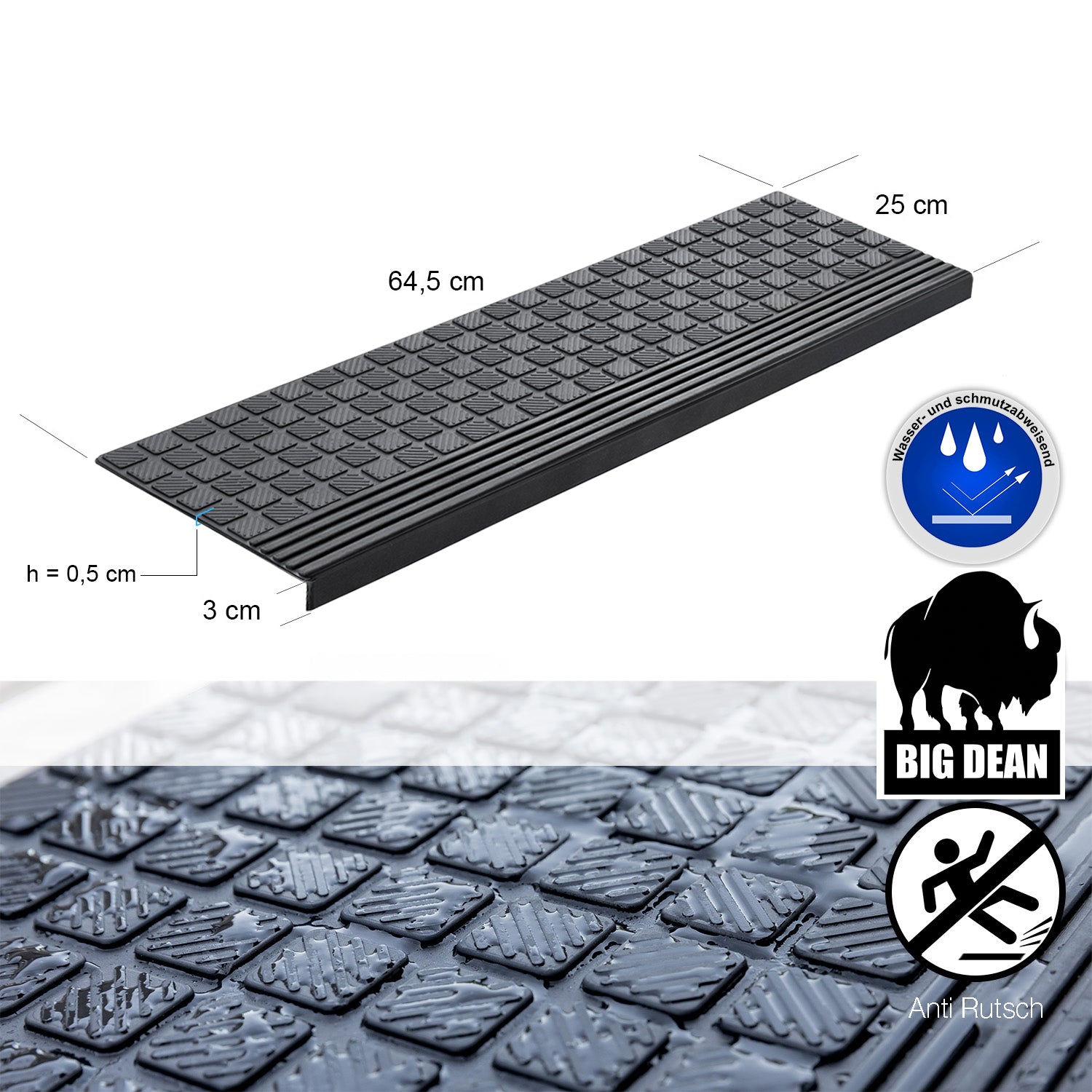 BigDean Haushalt Stufenmatten Gummi 65x25cm schwarz 10er antirutsch