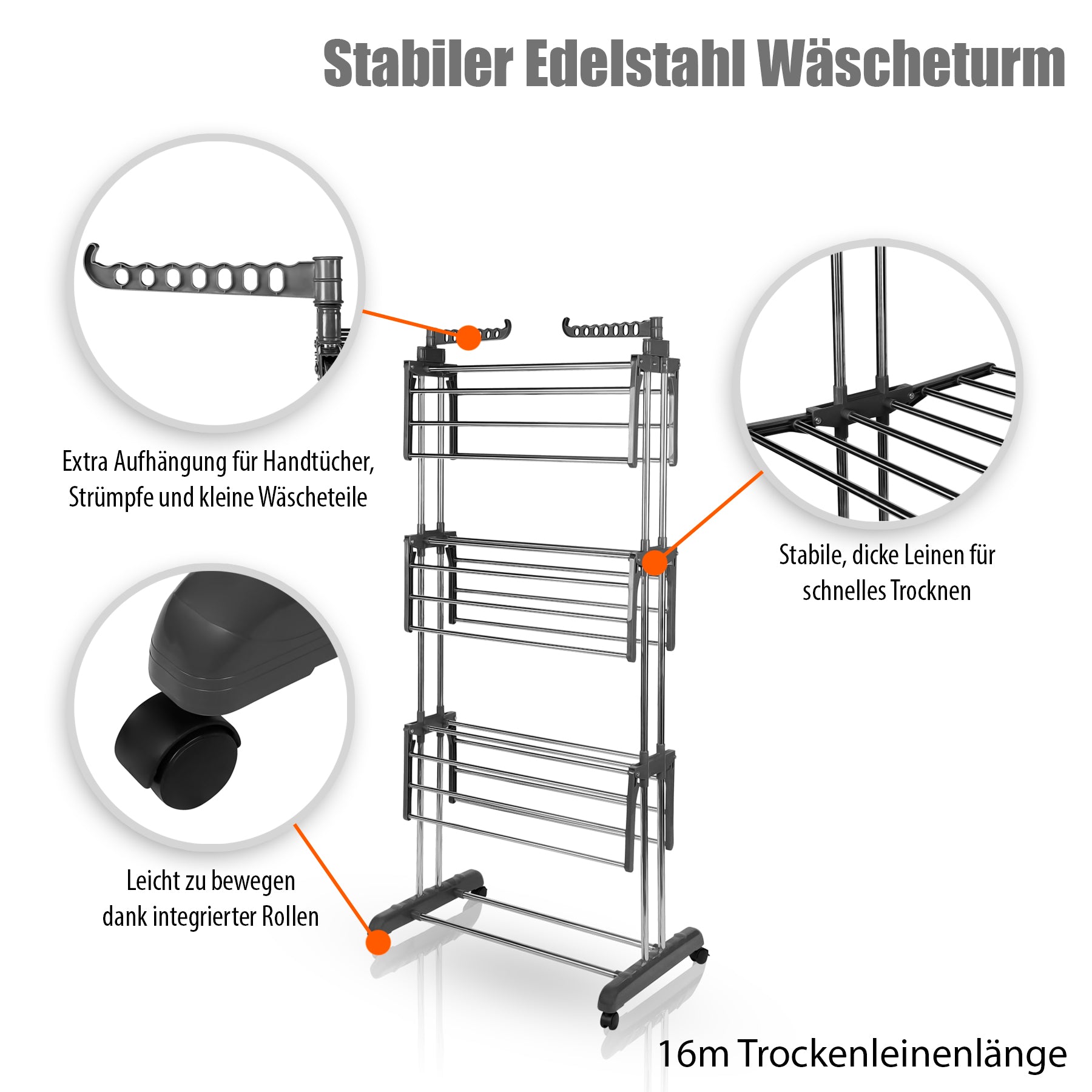 BigDean Haushalt Wäscheständer Turm 3 Ebenen 16m Grau