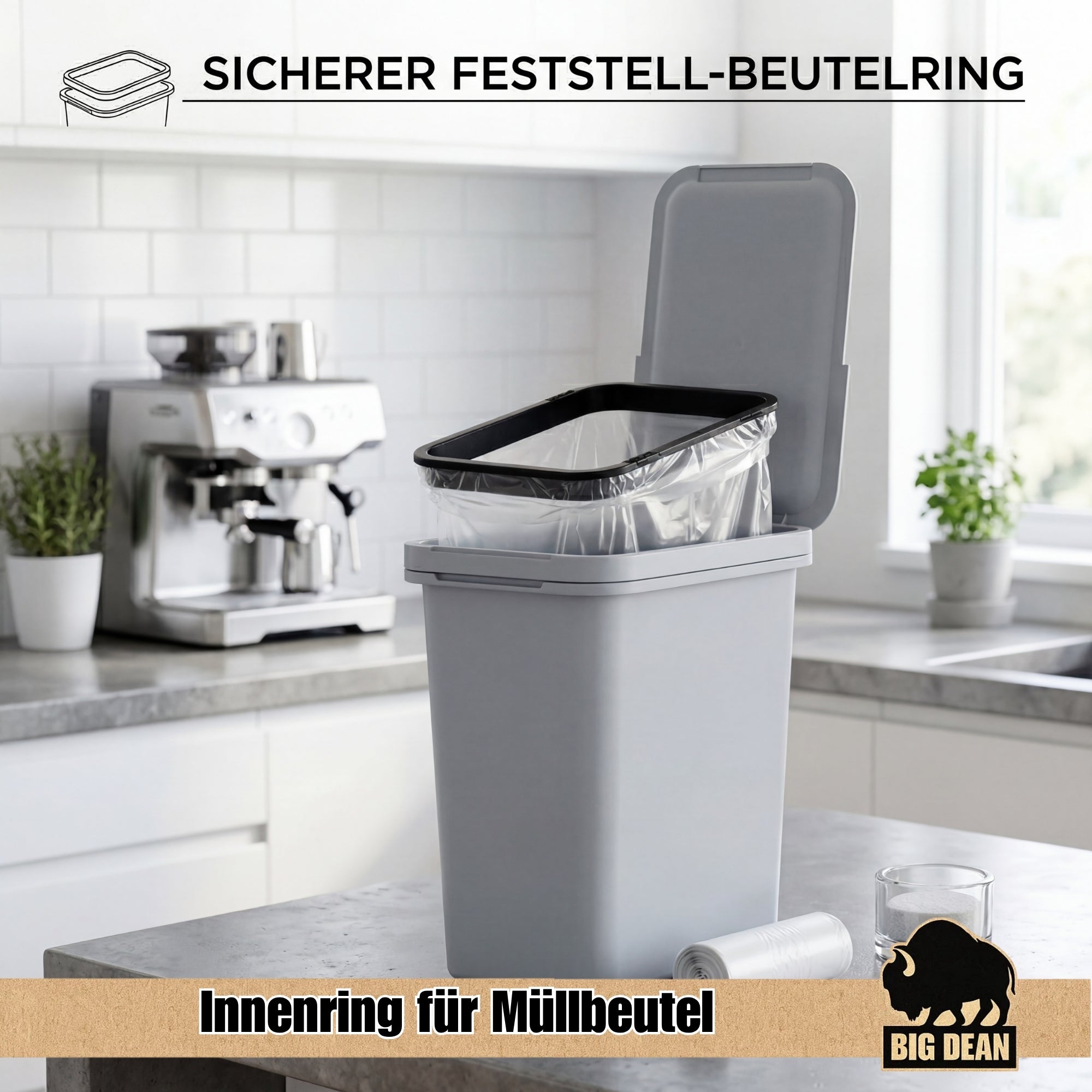 BigDean Mülleimer 12 Liter Grau mit Deckel 2 Stück