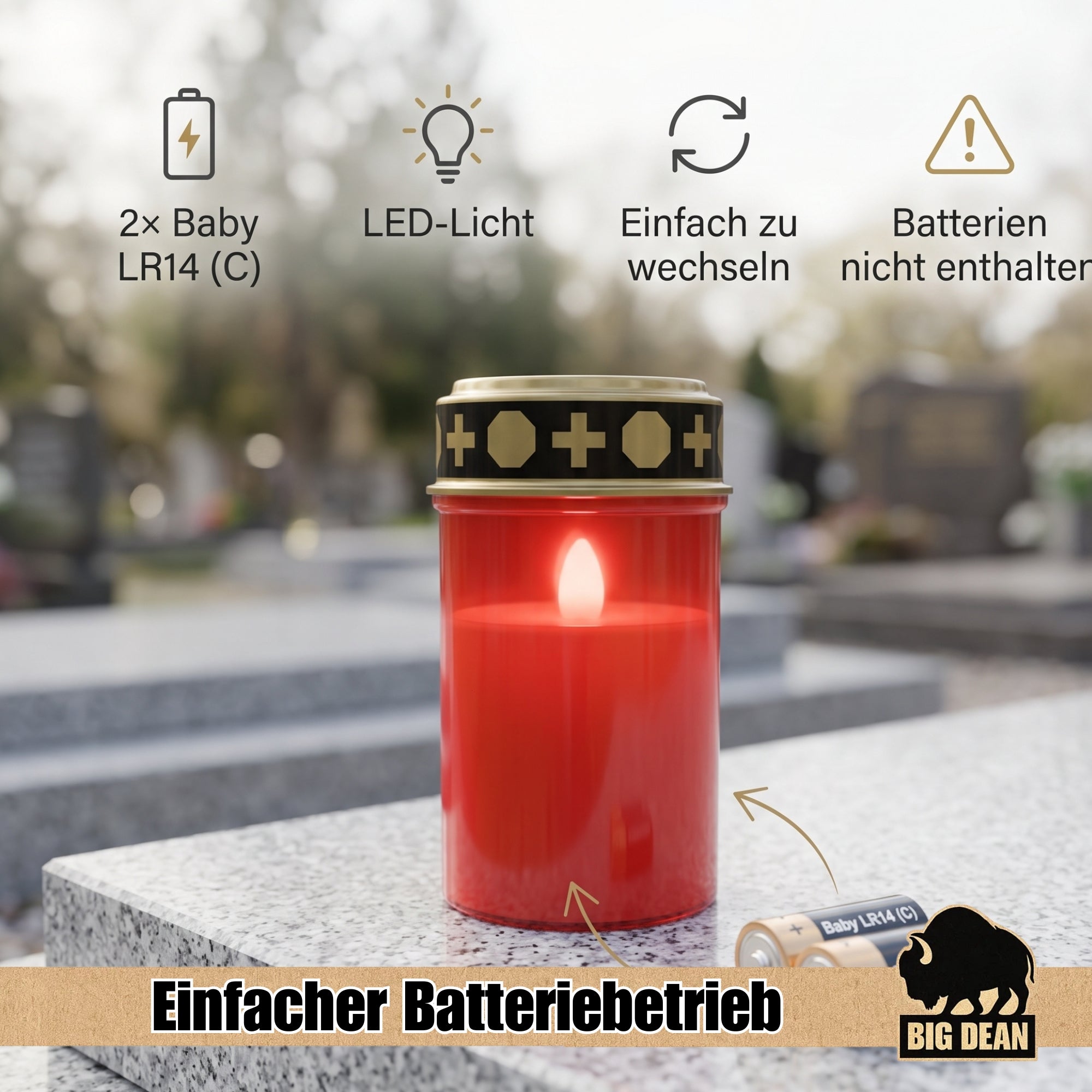 BigDean Grablicht LED 3er Set warmweiß flackernd