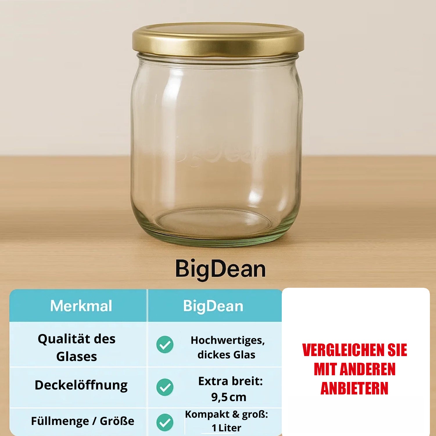 BigDean Overnight Oats Gläser 1 Liter Meal Prep 6er Set Glas