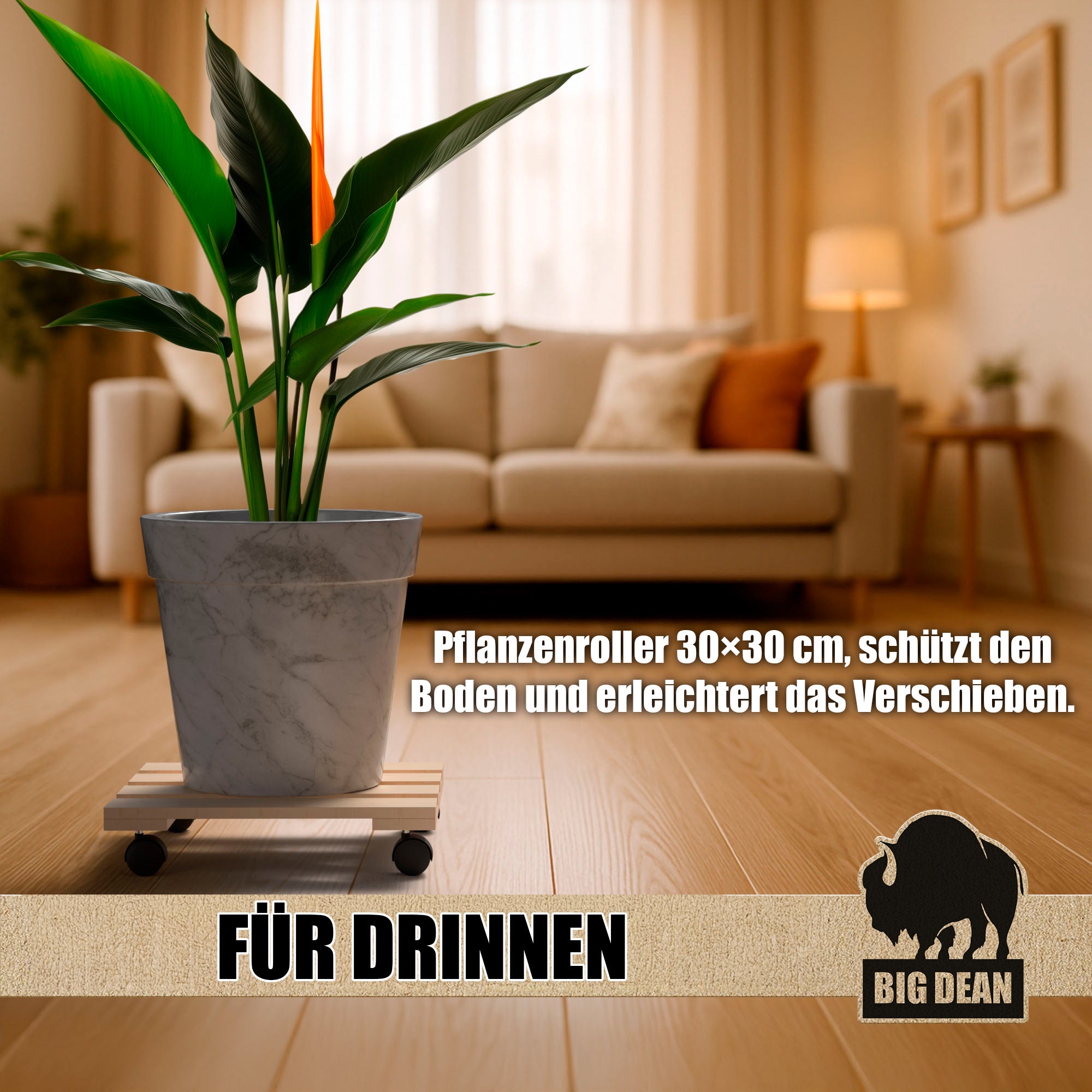 BigDean Pflanzenroller Holz Eckig 30cm 5er Set