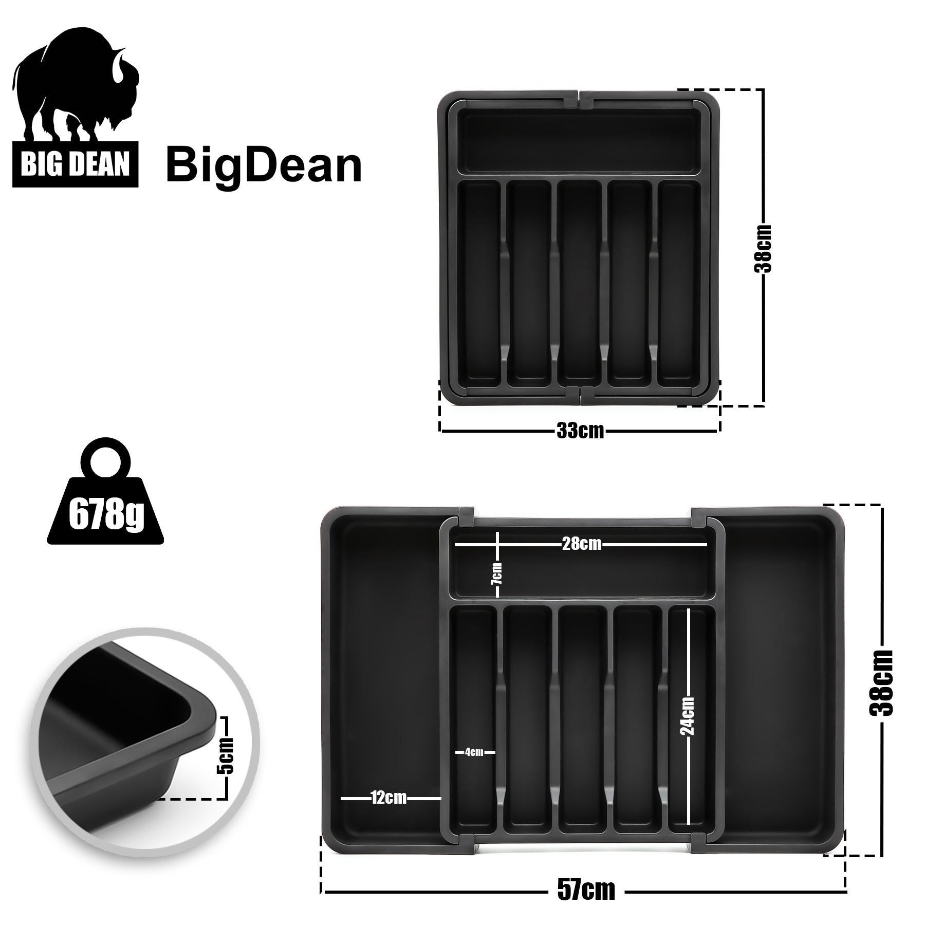BigDean Küche Besteckeinsatz Schwarz ausziehbar 2 Stück Kunststoff
