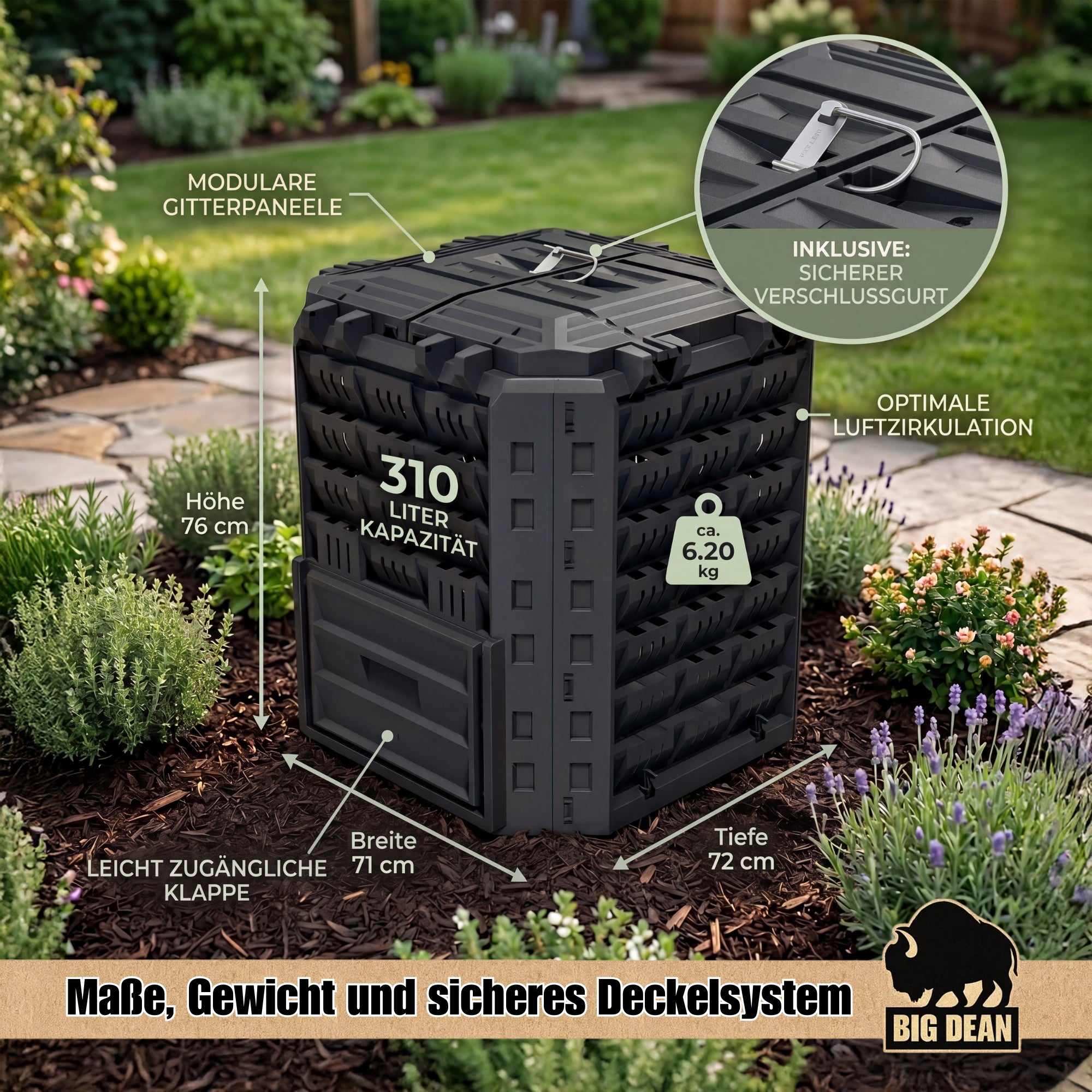 BigDean Komposter 310 Liter Garten mit Deckel Schwarz