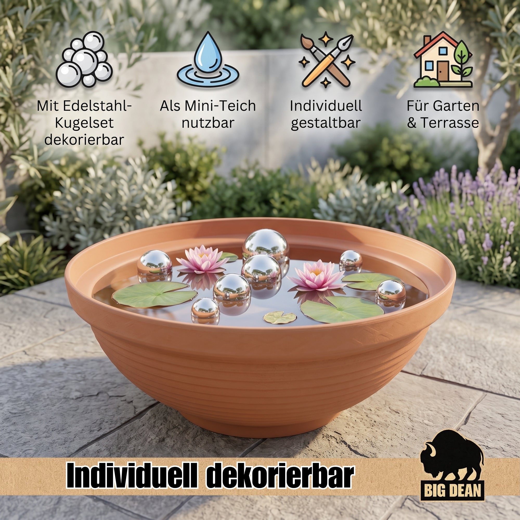 BigDean Miniteich Set 54 cm Pflanzschale mit Edelstahlkugeln