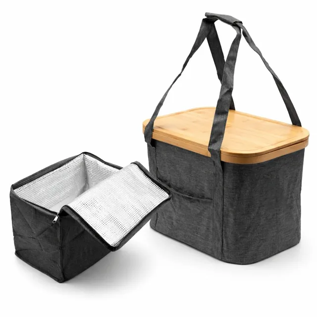 BigDean Picknicktasche 2-in-1 Kühltasche grau 24L mit Bambusdeckel