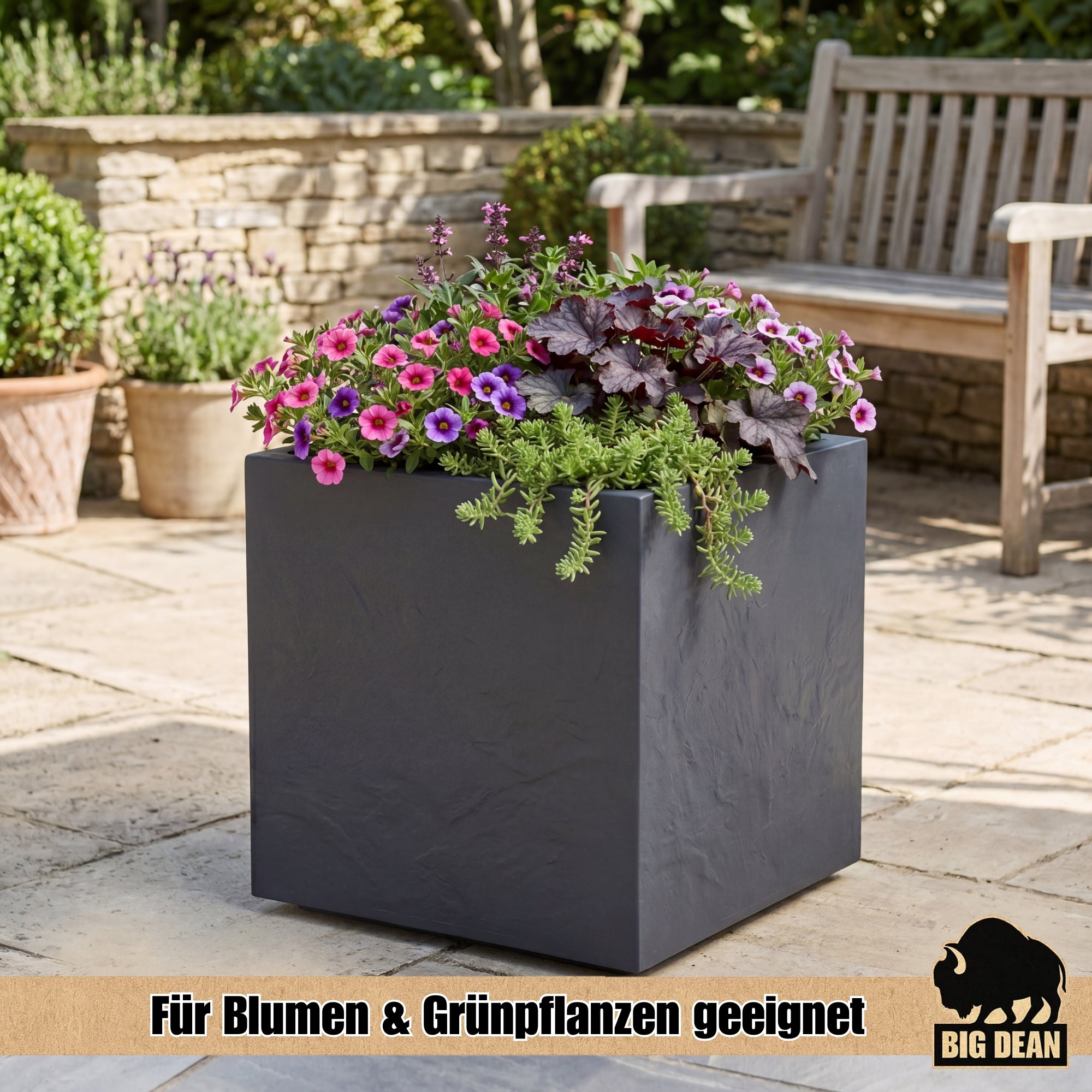 BigDean Garten Blumenkübel 50x50x50cm Steinoptik doppelwandig