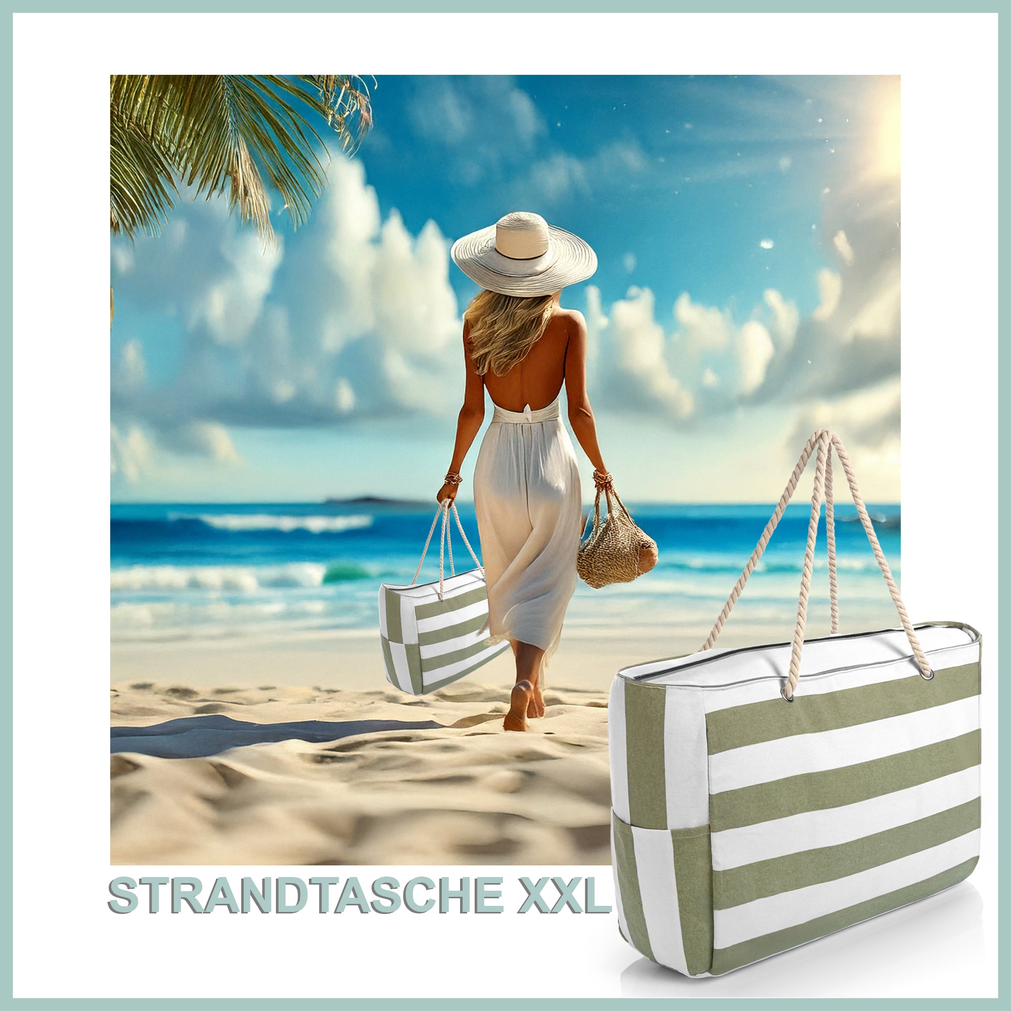 BigDean Strandtasche XXL Badetasche Grün-Weiß 53x38x20cm