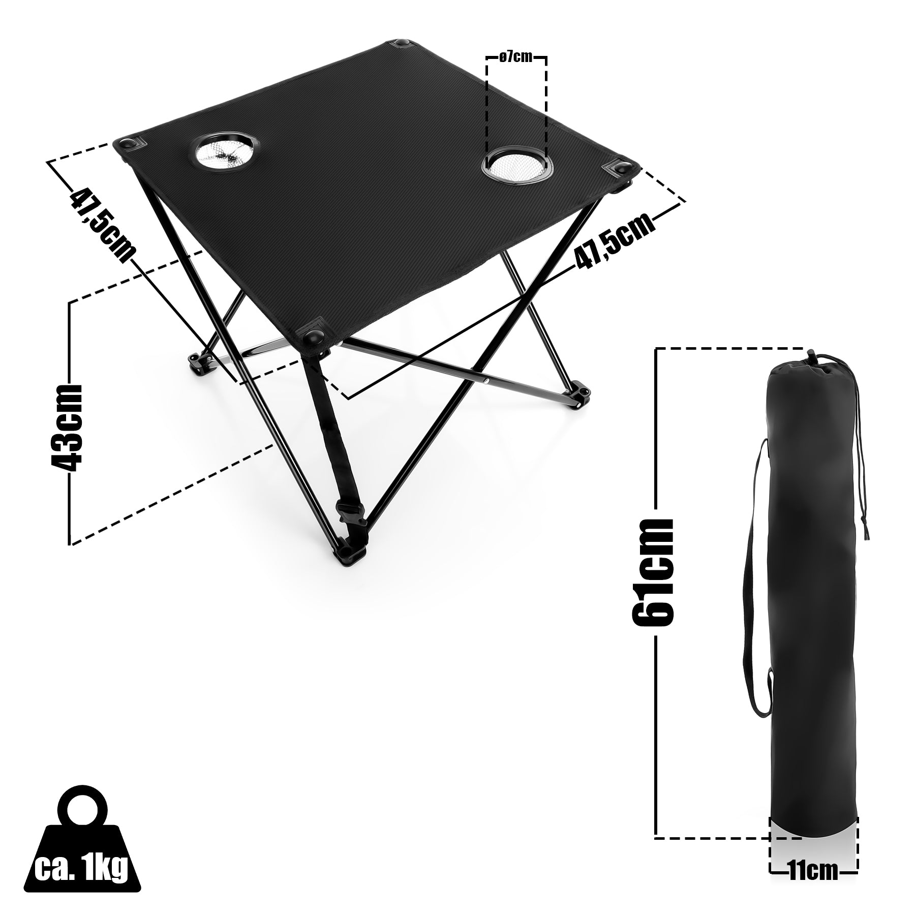 BigDean Garten Campingtisch faltbar schwarz 30kg Getränkehalter
